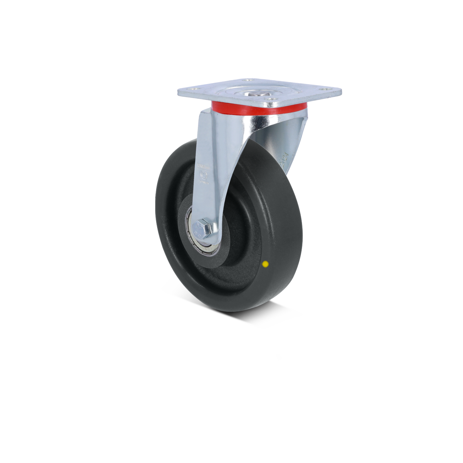 A black rubber wheel mounted on a shiny metallic swivel bracket with a rectangular plate. It features a red ring on the top and is set against a bright blue background.