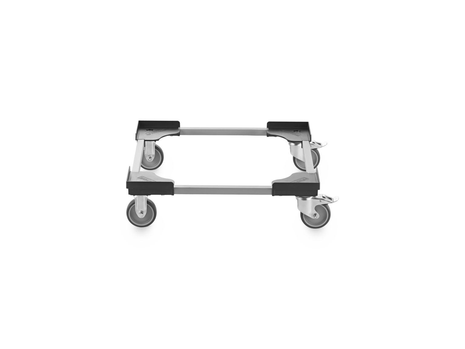 A transport trolley is showcased, featuring a rectangular platform with four swivel castors. The trolley supports a robust framework, highlighting metal construction and rubberized wheels for maneuverability in industrial settings.