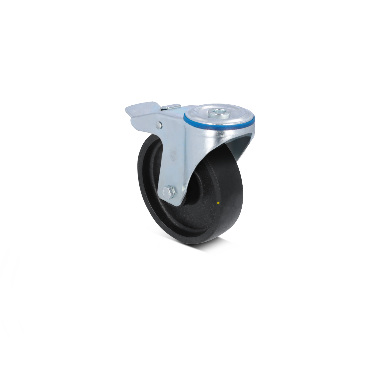 Zwenkwiel met een zwarte rubberen band en een metalen bevestigingsplaat. Het wiel is opgesteld in een neutrale positie en heeft een enkel scharnier voor beweging. Achtergrond is neutraal en ongekleurd.