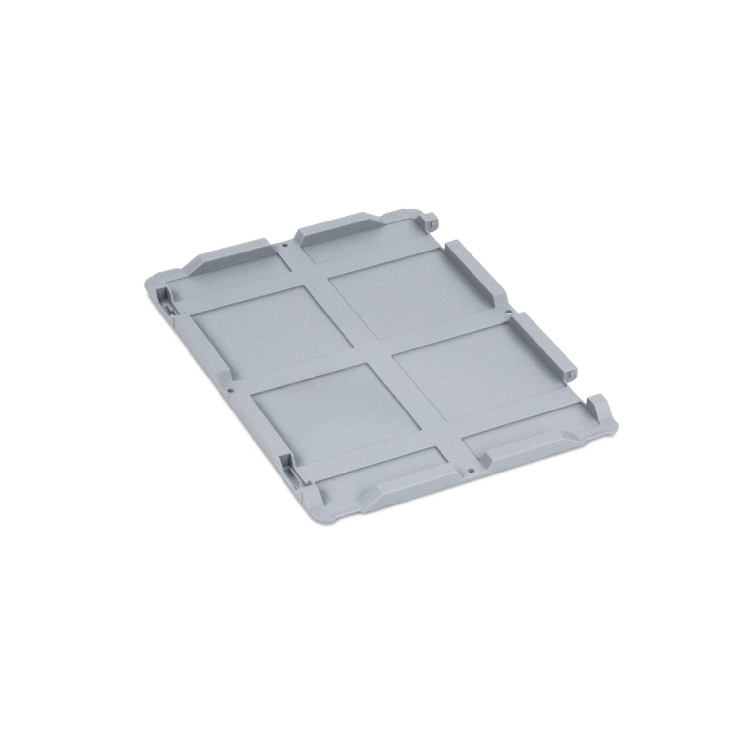 A gray plastic pallet is positioned at an angle, featuring a grid-like surface with raised edges. It appears smooth and lightweight, likely designed for stacking or transporting goods in industrial settings.