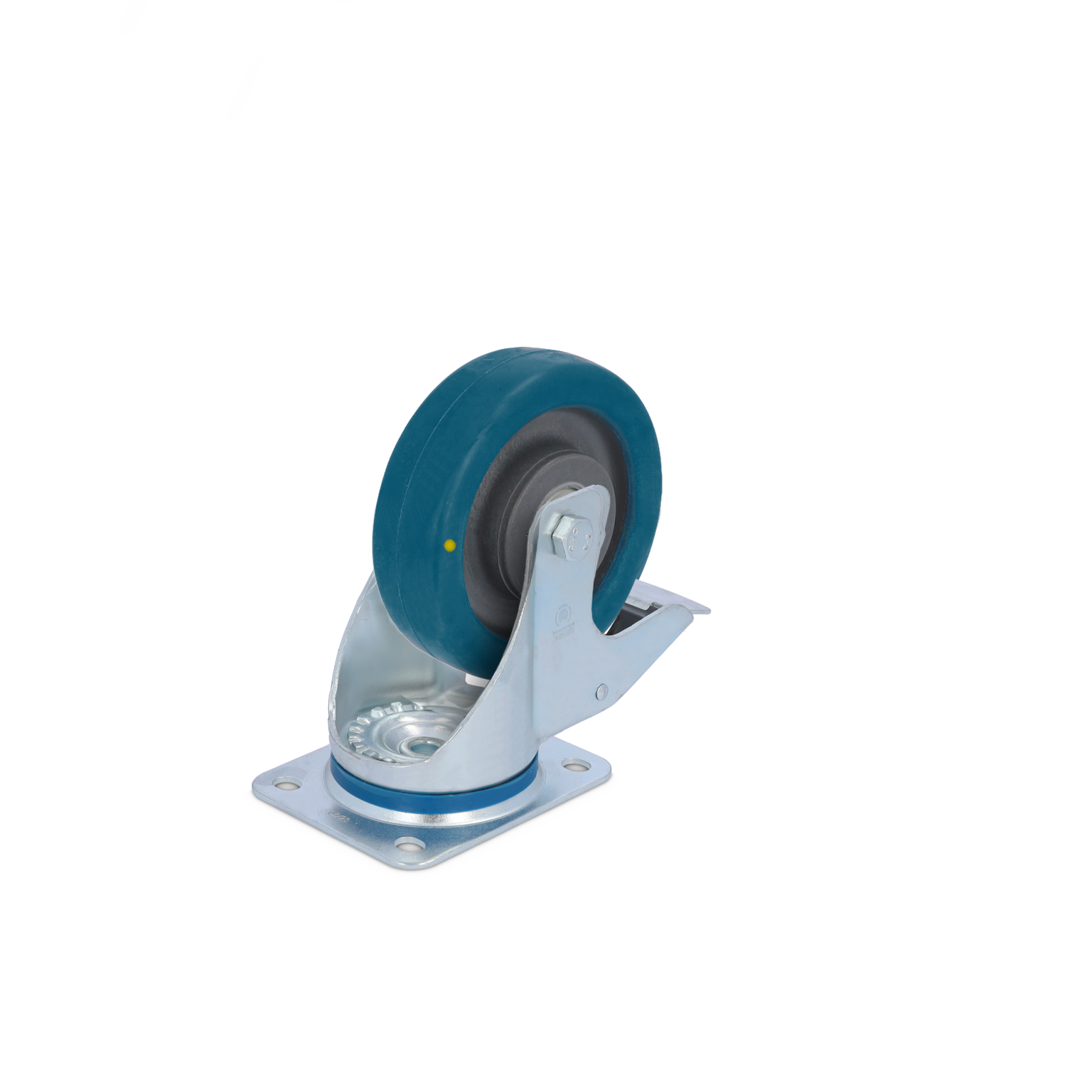 Blauwe rubberen wiel op een metalen scharnier. Het wiel heeft een zwarte kern en is gemonteerd op een gepoedercoate metalen basis met bevestigingsgaten. De achtergrond is neutraal.
