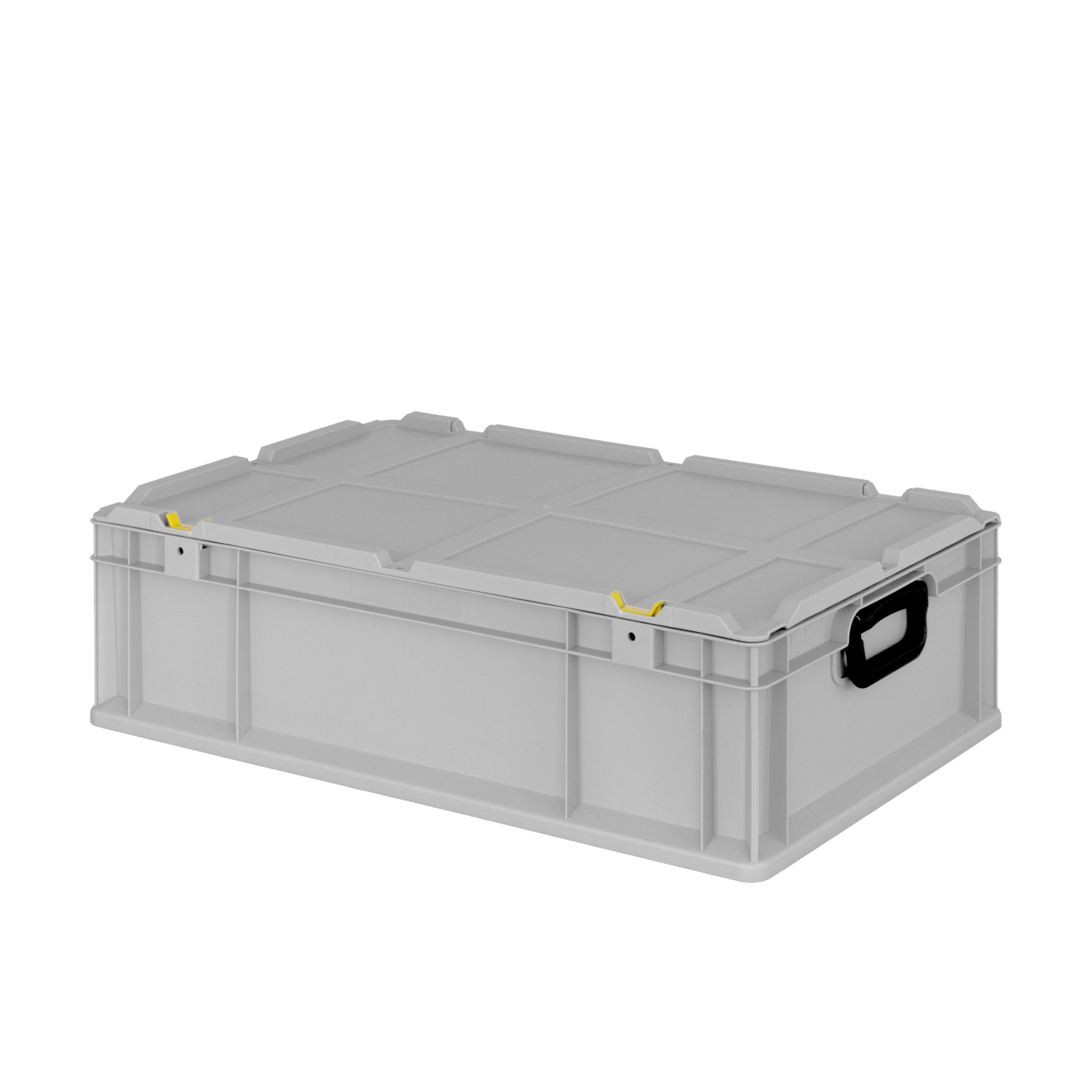 A rectangular grey plastic storage box features a flat lid and integrated handles. It has a sturdy design with reinforced corners, likely intended for organizing or transporting materials in industrial settings.