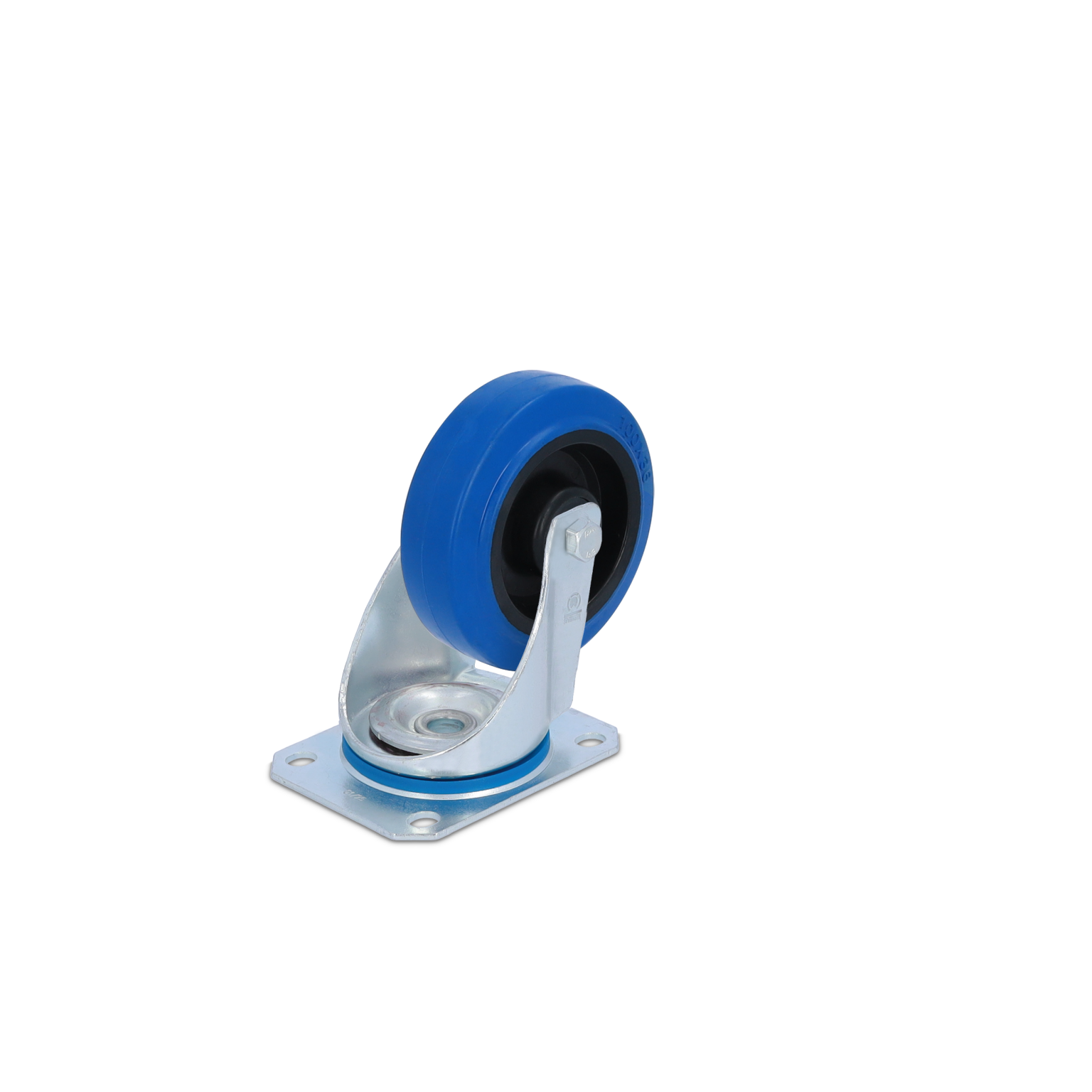 A blue polyurethane wheel mounted on a silver metal swivel bracket features a circular attachment plate with four holes. It is positioned upright against a plain black background, emphasizing its design.