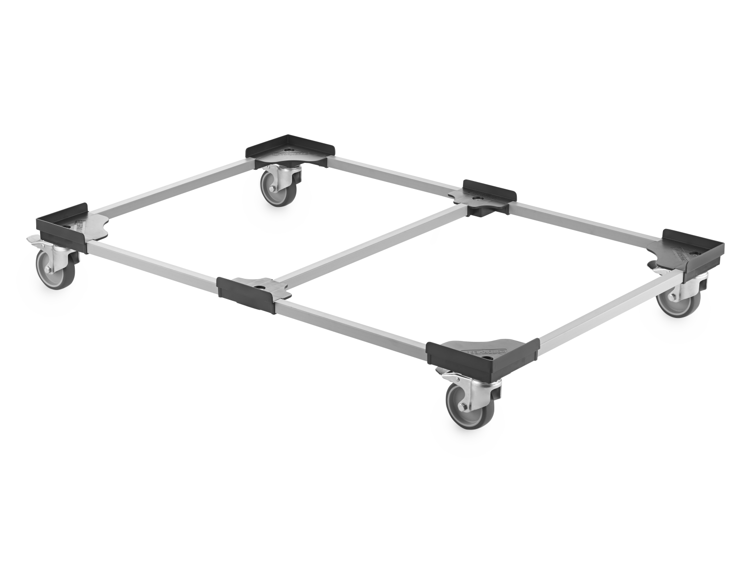 A rectangular transport platform features a sturdy metal frame with four swivel casters at each corner. The overall design supports efficient movement of goods in an industrial environment.