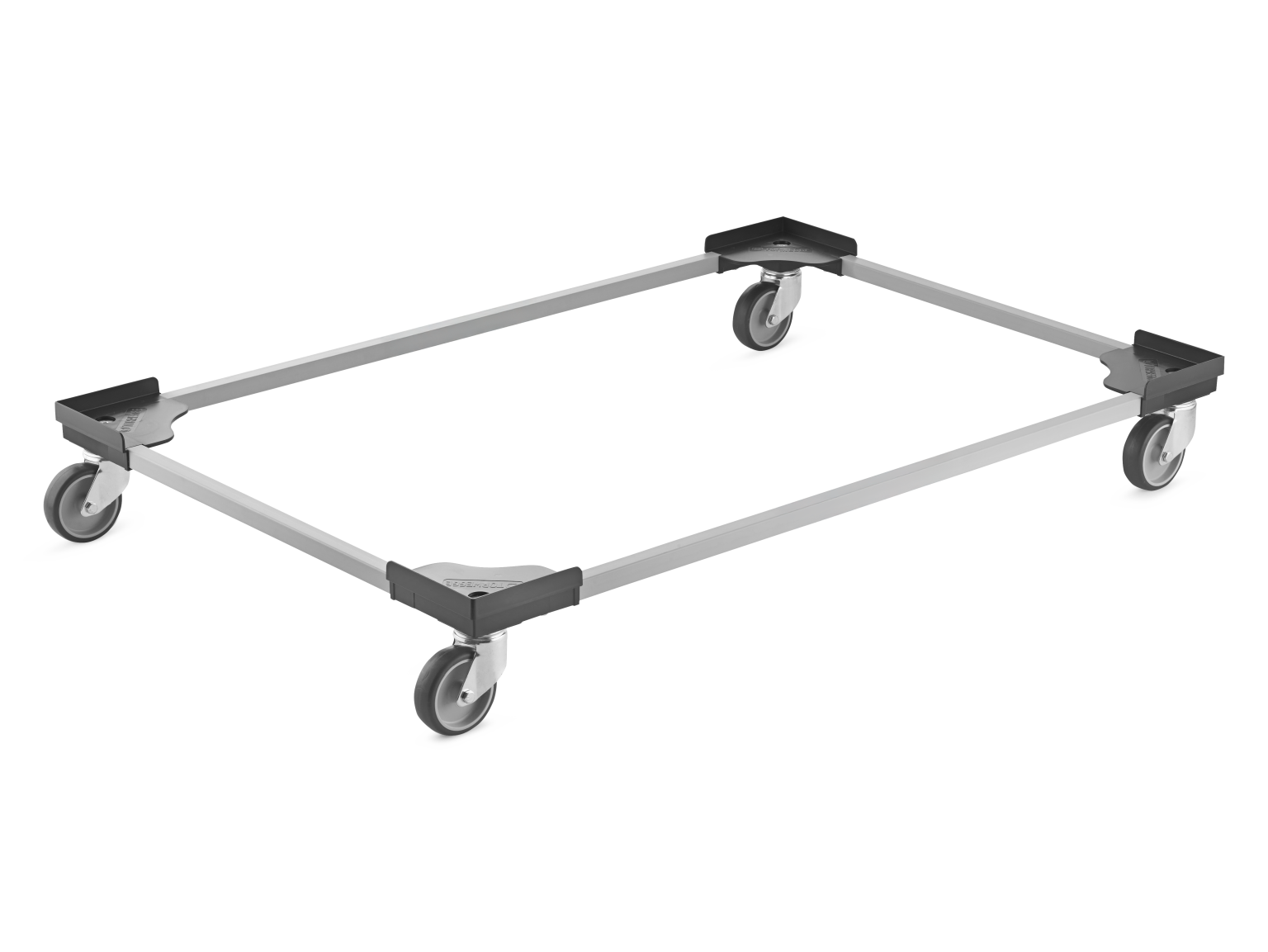 A rectangular transport dolly with four gray wheels and a metal frame. The corners feature black plastic mounts, supporting the structure for easy maneuverability in an industrial setting.