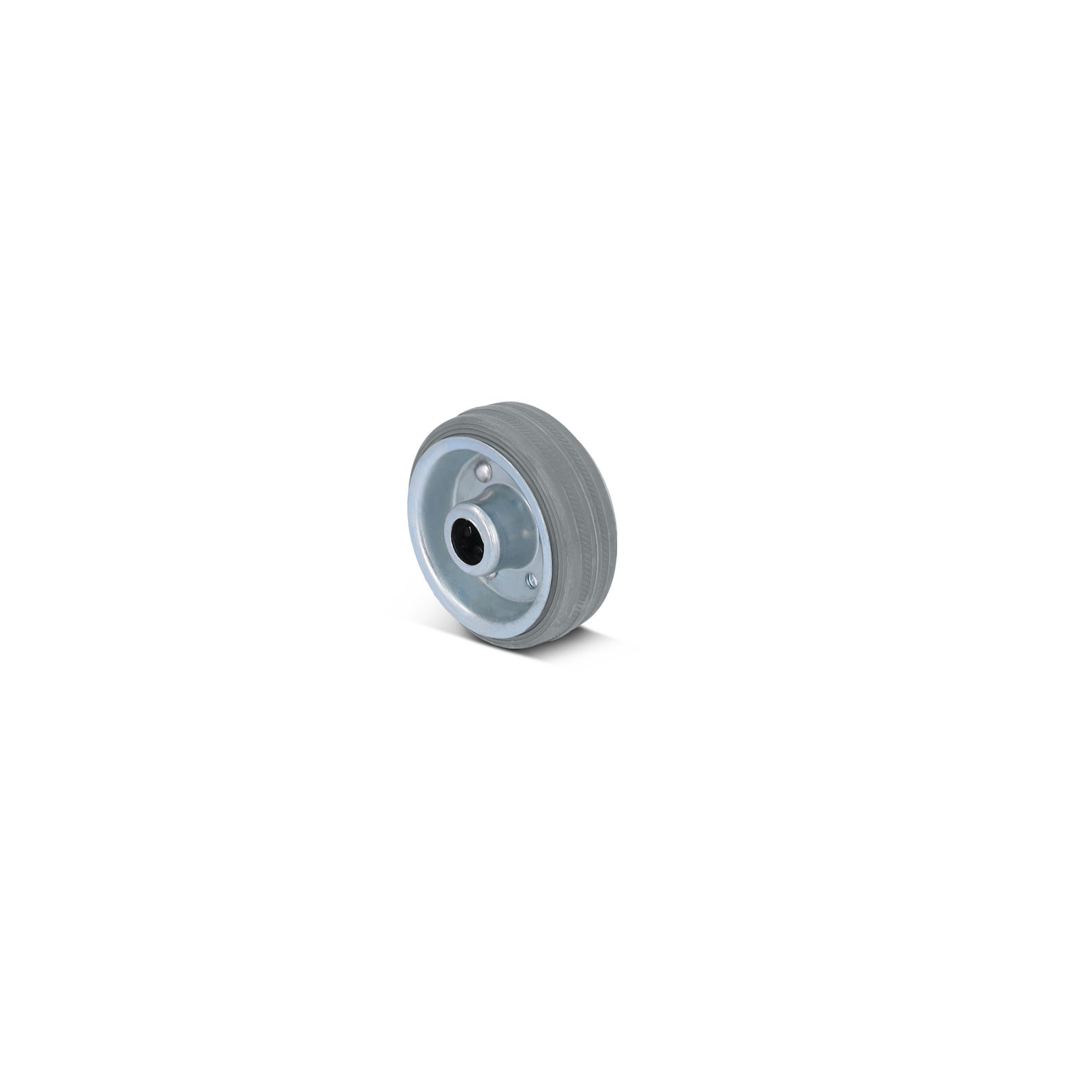 Een grei rubber wiel met een metalen velg heeft een centrale opening voor de as. Het is geïsoleerd met een lichte achtergrond, wat de focus op het wiel legt.