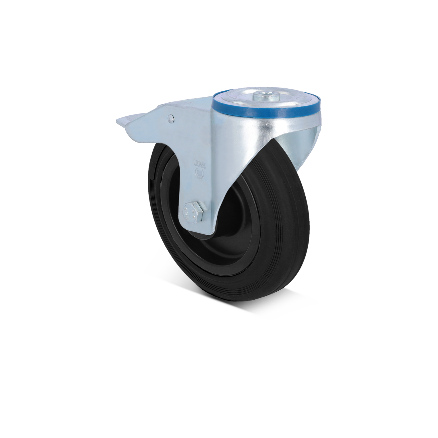 Zwenkwiel met een hoogwaardige rubberen band en een metalen bevestigingsplaat. Het wiel is donker van kleur met een zilveren bevestiging en heeft een blauwe rand. Achtergrond is neutraal.