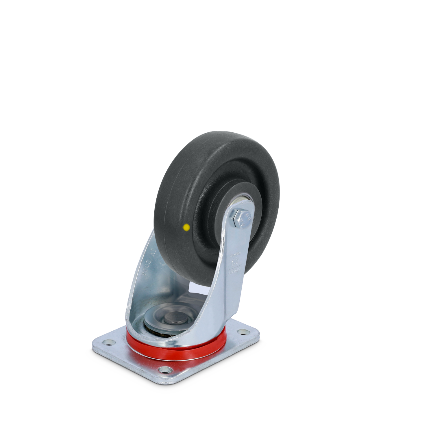 A black rubber wheel mounted on a silver metal swivel bracket with a red accent ring. It features a flat mounting plate with four screw holes, suitable for various transportation applications.