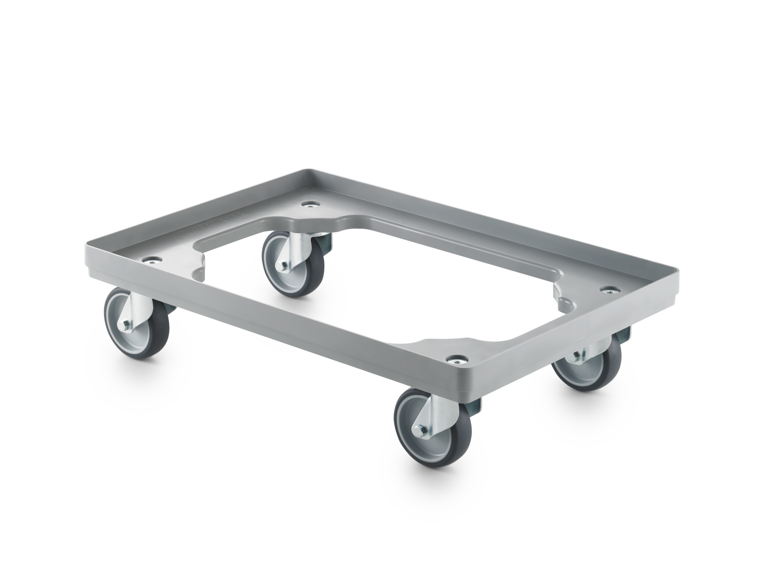 A rectangular transport trolley features a sturdy gray metallic frame with a flat surface and four swivel castors. The castors are positioned at each corner, allowing for easy movement.