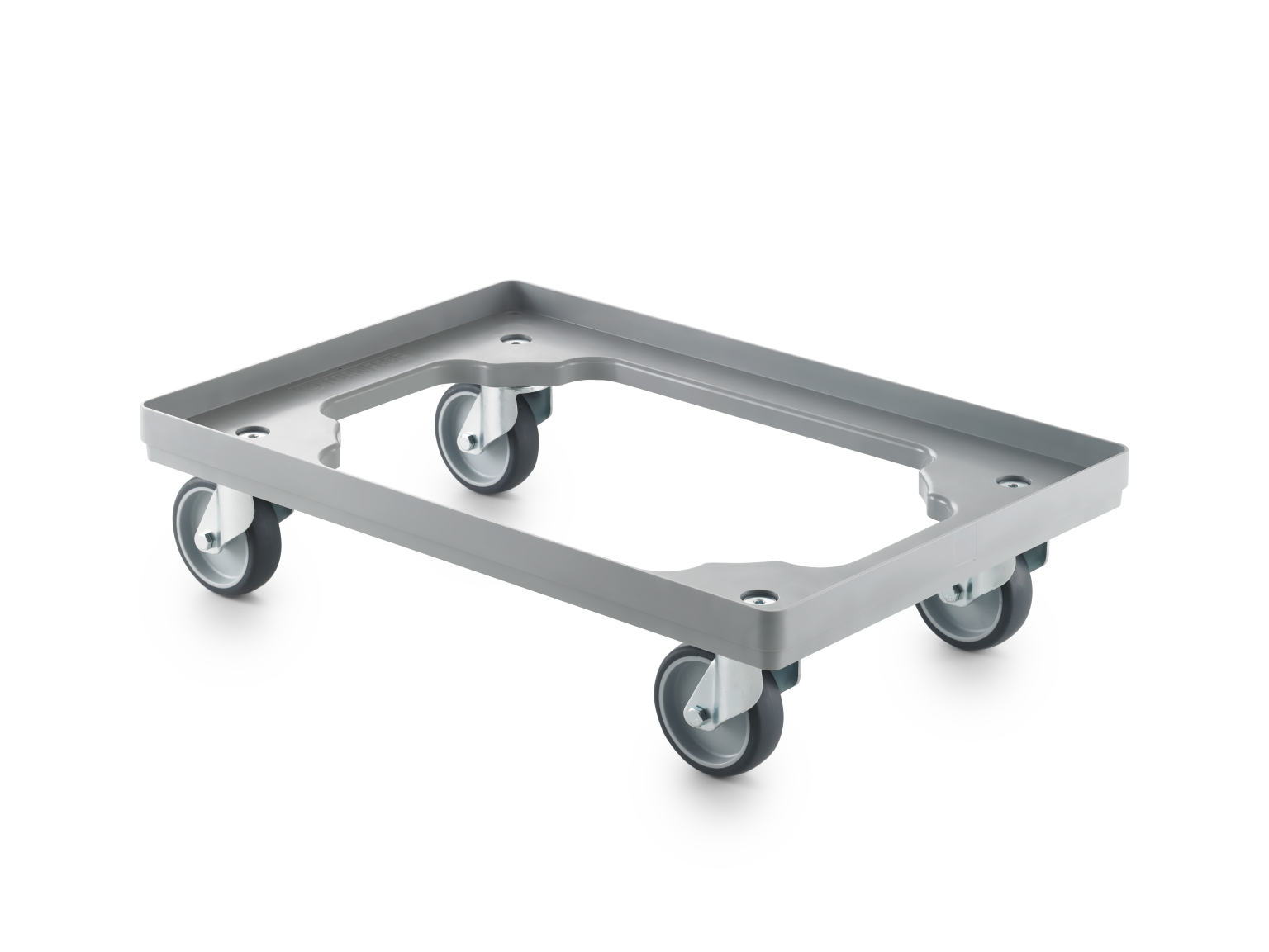 A rectangular transport trolley features a sturdy gray metallic frame with a flat surface and four swivel castors. The castors are positioned at each corner, allowing for easy movement.