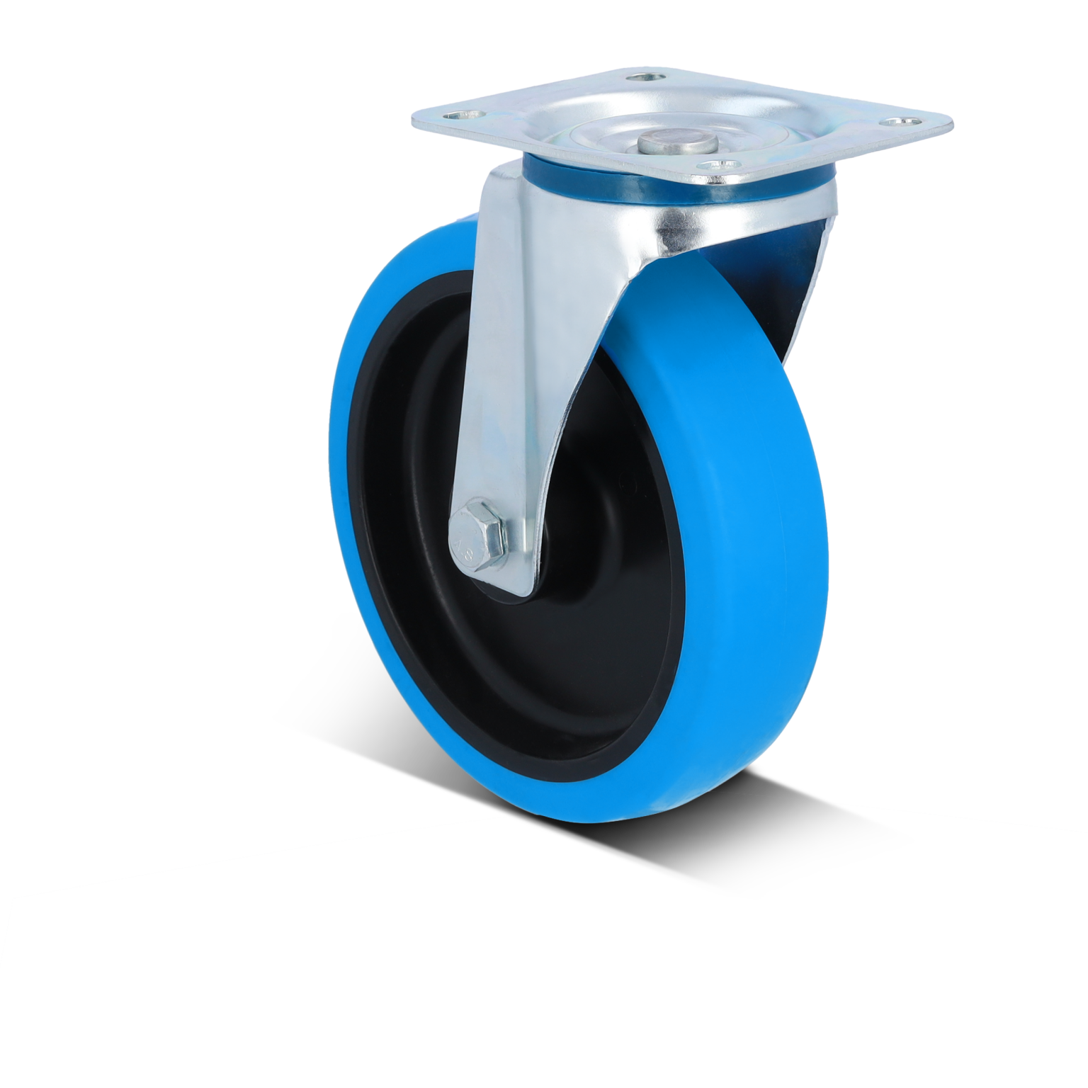 Eine industrielle Rolle mit einem blauen Gummi-Reifen und einer metallischen Befestigungsplatte ist abgebildet. Die Rolle ist aufrecht positioniert und zeigt eine robuste Bauweise für Materialhandling-Anwendungen.