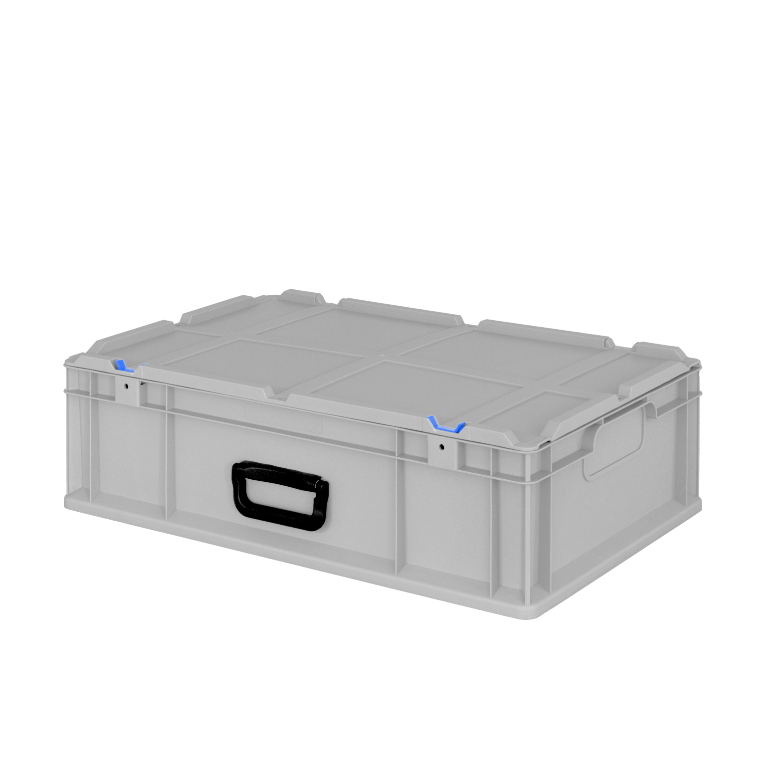 Stackable gray plastic storage box with a black handle and blue locking mechanisms, designed for transporting and organizing materials in an industrial setting. The background is plain black.