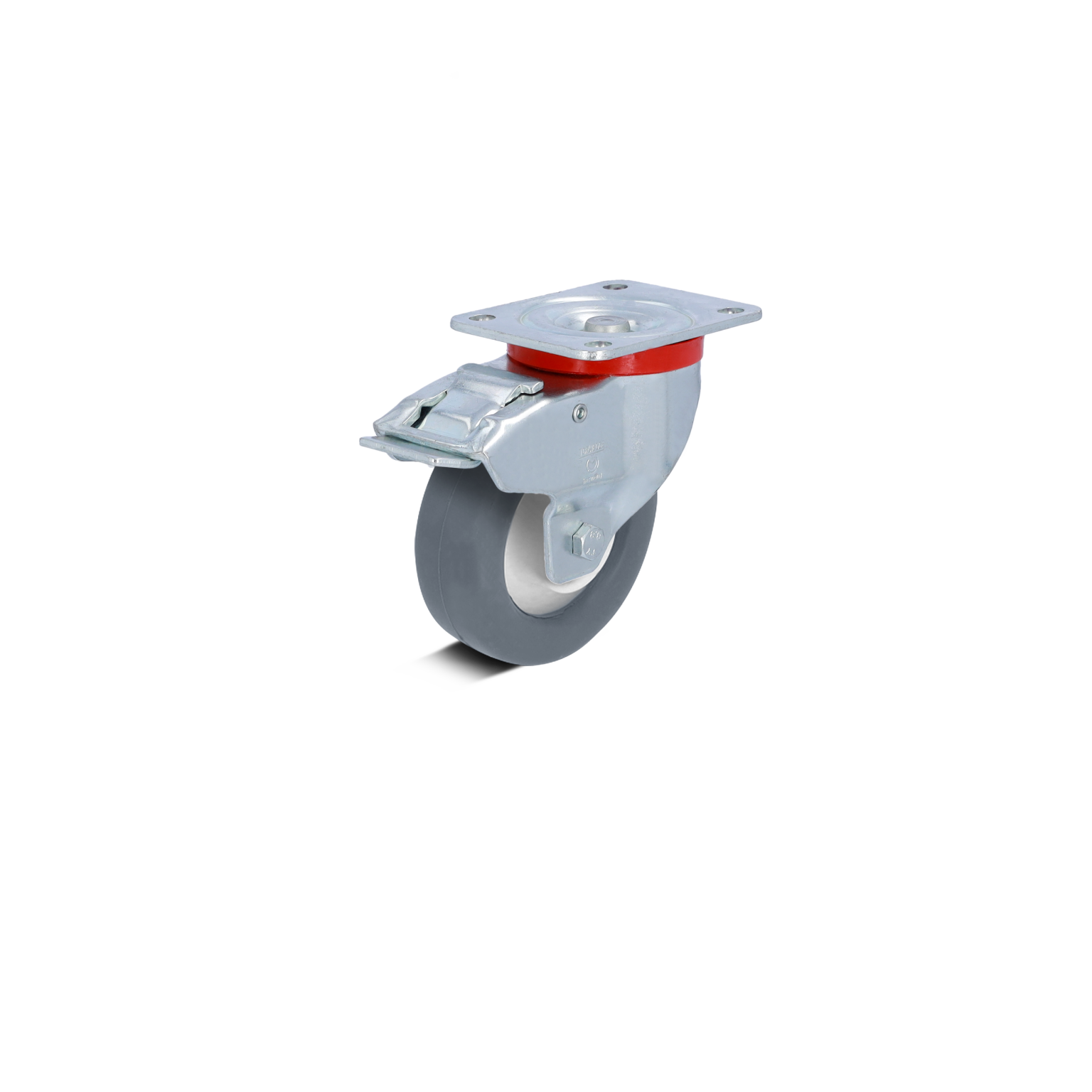 A swivel castor wheel is displayed, featuring a grey rubber tire mounted on a metal plate with a locking mechanism. The overall design suggests durability and suitability for industrial applications.