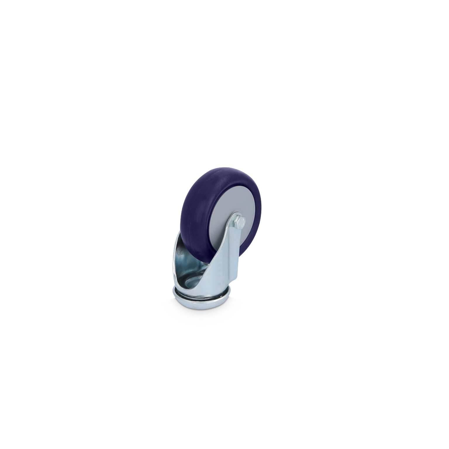 A swivel castor wheel features a purple rubber tire and a silver metal mounting bracket. It is designed for mobility, suitable for various industrial applications, positioned upright against a neutral background.