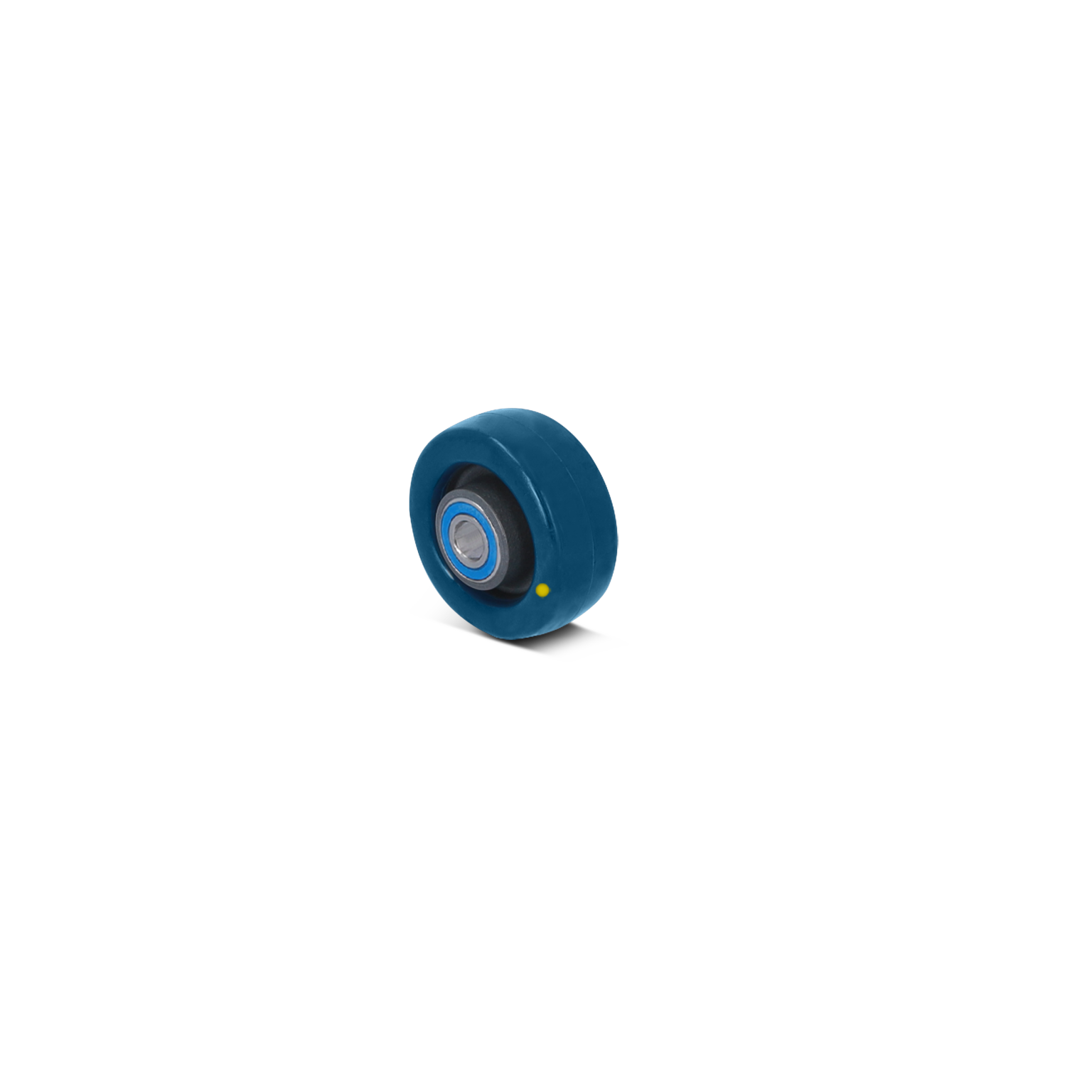 Blauwe industriewiel met een rubberen buitenste laag en een metalen binnenring met een lager zichtbaar. Het is gepositioneerd op een lichte achtergrond en wordt gebruikt voor transportdoeleinden.