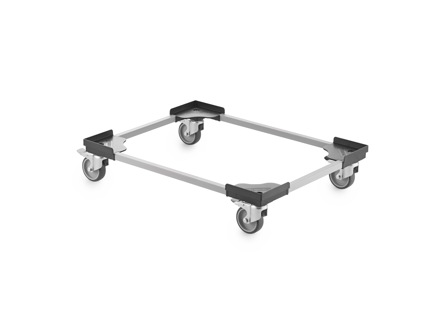 A rectangular transport dolly with four swivel wheels, each mounted on a corner. The frame is comprised of metal with rounded corners and rubber stops at each end for stability.