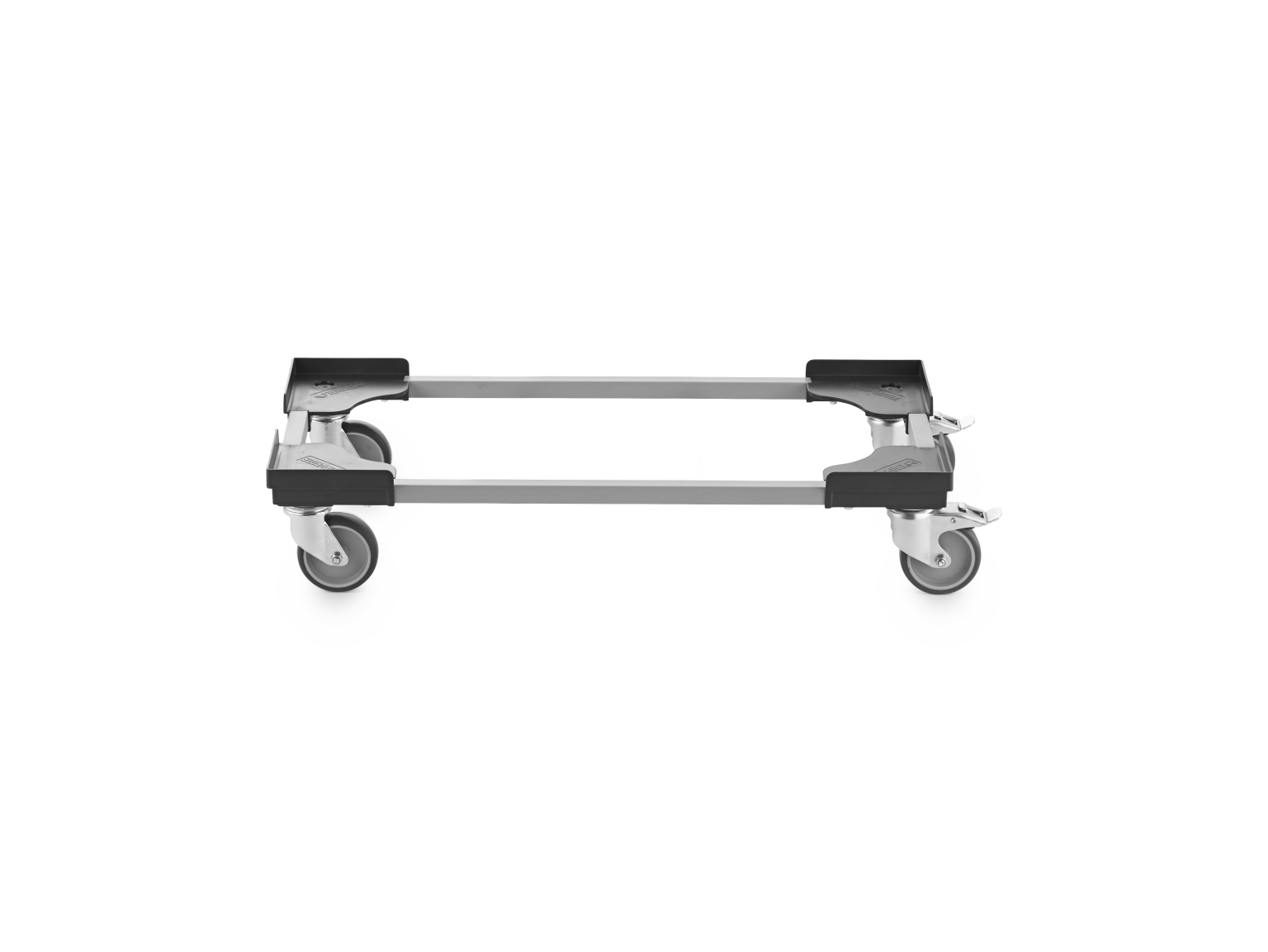 A transport trolley framework equipped with four swivel castors. The structure is metallic, featuring mounting plates at each corner to secure loads, set against a neutral background.