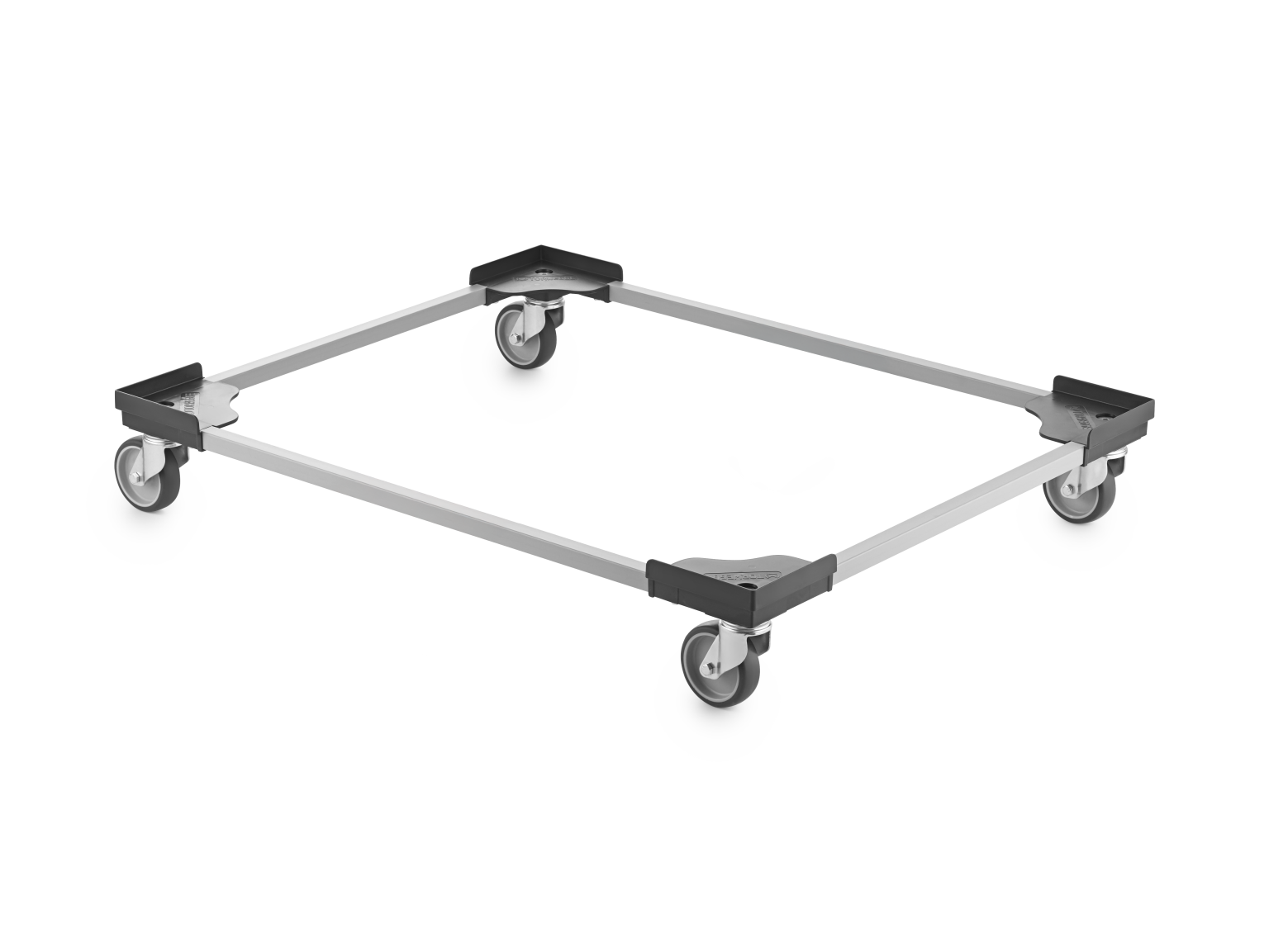A square transport trolley features a lightweight metal frame with four corner mounts. Each corner has a wheel, designed for mobility. The background is plain, emphasizing the trolley-s structure.
