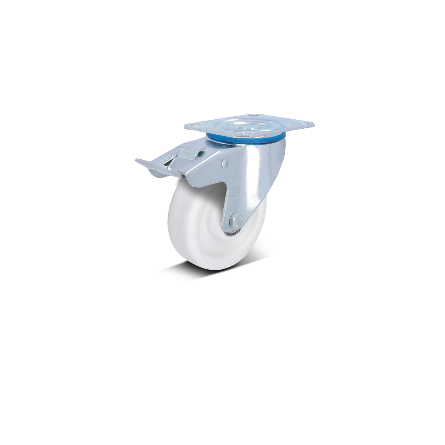 A white industrial caster wheel is mounted on a shiny silver swivel plate. It features a brake mechanism on the side, positioned against a simple, unobtrusive background.