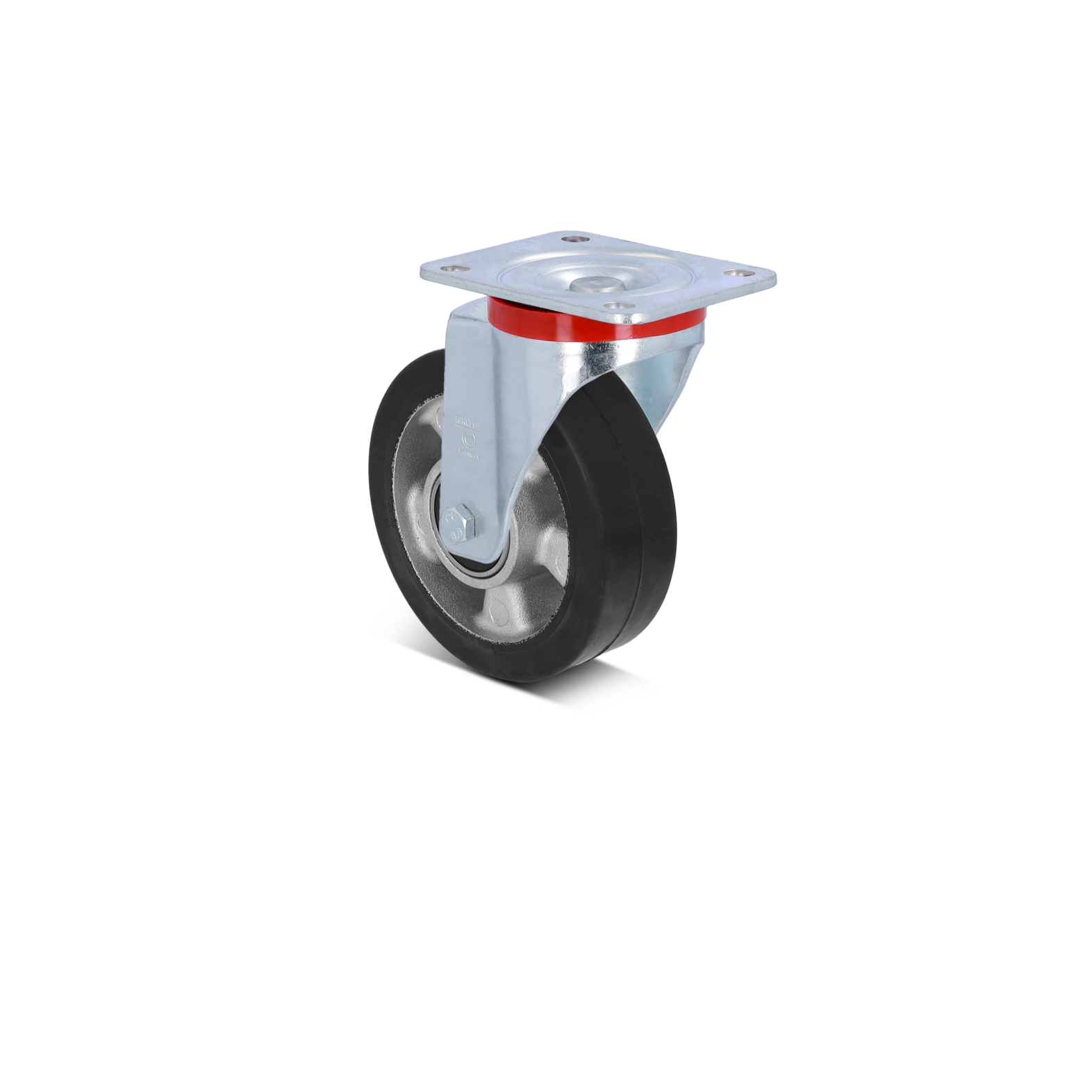 Schwenkrad mit einem schwarzen Gummi-Lauffläche und einer silbernen Metallplatte. Das Rad ist stabil und hat eine Drehgelenkstruktur, um Flexibilität beim Bewegen zu ermöglichen.