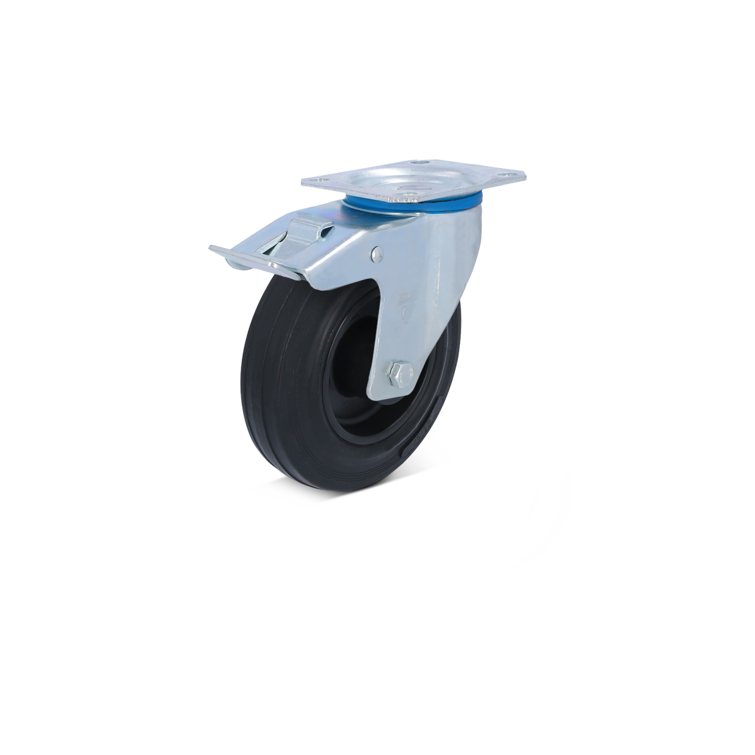 Zwarte rubberen zwenkwiel met metalen montageplaat, voorzien van een blauwe ring. Het wiel is gepositioneerd voor gebruik in industriële toepassingen, met een focus op mobiliteit en ondersteuning.