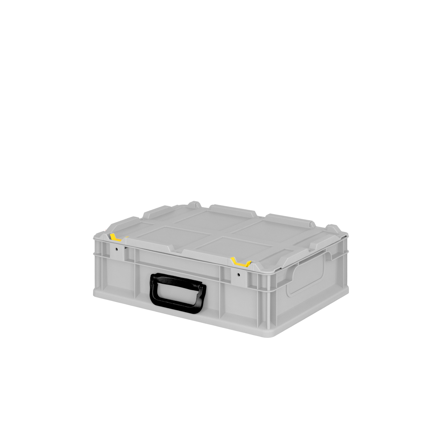 A gray plastic storage box features a black handle on the front and yellow latches on the sides. It is positioned against a plain black background, emphasizing its functionality for material handling.