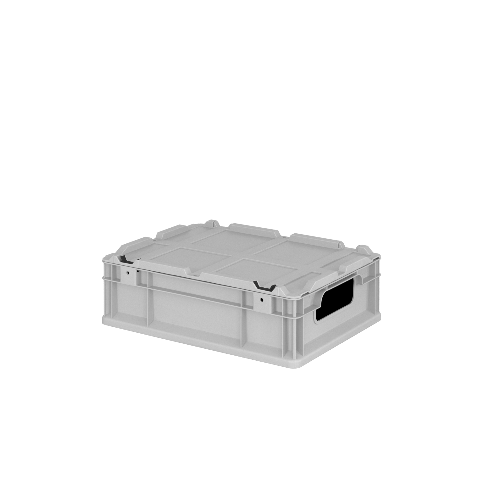 Eine transparente Kunststoffbox mit einem flachen Deckel und seitlichen Griffen zur einfachen Handhabung. Sie ist für die Lagerung und den Transport von Gütern im industriellen Bereich geeignet.