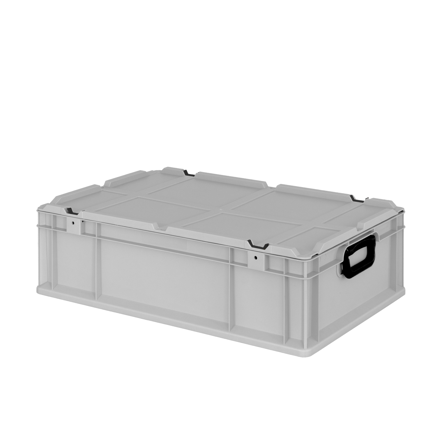 A gray plastic storage box with a flat lid and sturdy side walls is positioned at an angle. It features a handle for easy carrying and has a smooth surface.