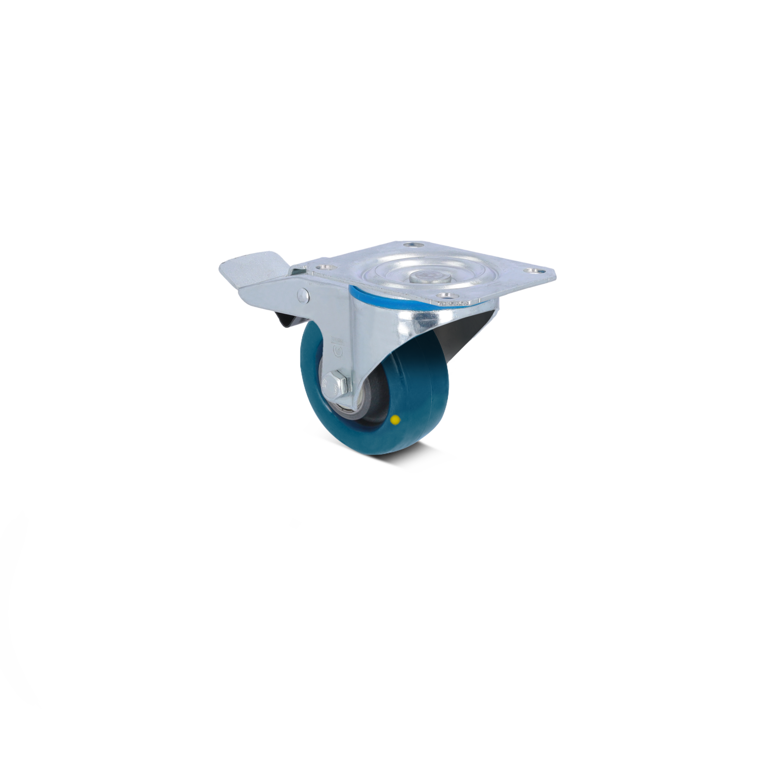Zwenkwiel met een blauw rubberen loopvlak en een metalen montageplaat. Het is ontworpen voor eenvoudig manoeuvreren in industriële omgevingen. De bevestigingsschroeven zijn zichtbaar op de montagebasis.