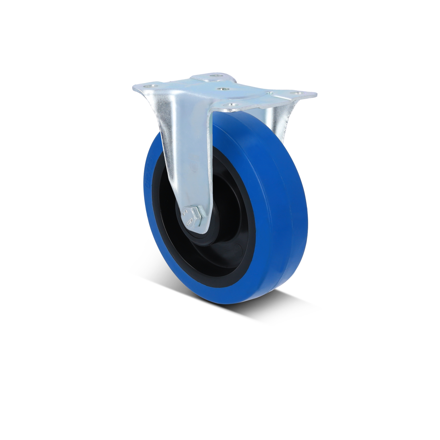 A blue rubber wheel with a black hub is mounted on a silver metallic swivel caster frame. The frame has a flat mounting plate with holes for screws, positioned against a blank background.