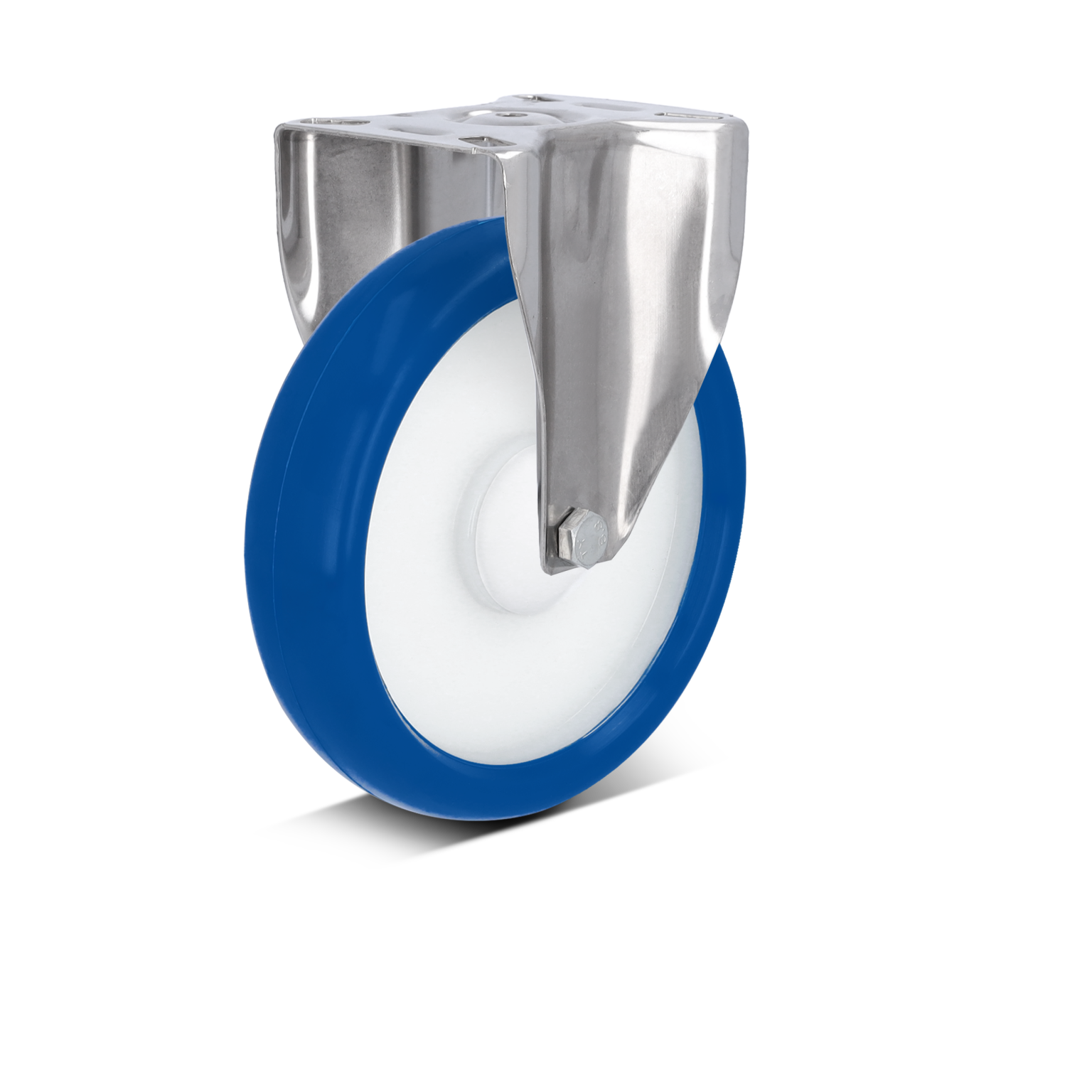 Zwenkwiel met een blauw rubberen loopvlak en een metalen bevestigingsbeugel. Het wiel is ontworpen voor gebruik in industriële toepassingen, geplaatst tegen een zwarte achtergrond.