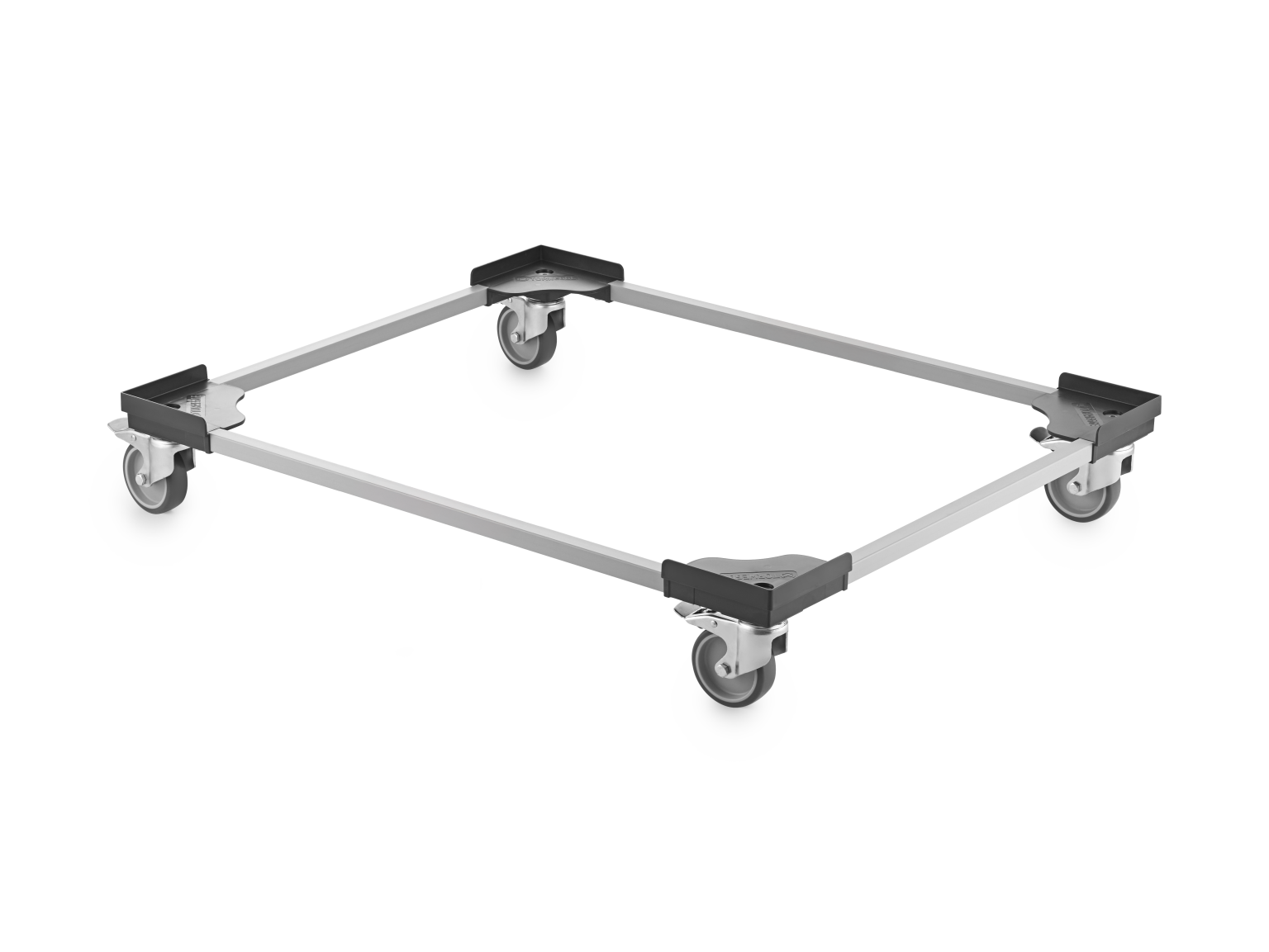 A rectangular transport trolley frame with four swivel castors mounted at each corner. The frame features a metallic structure with plastic corner supports, set against a minimal background.