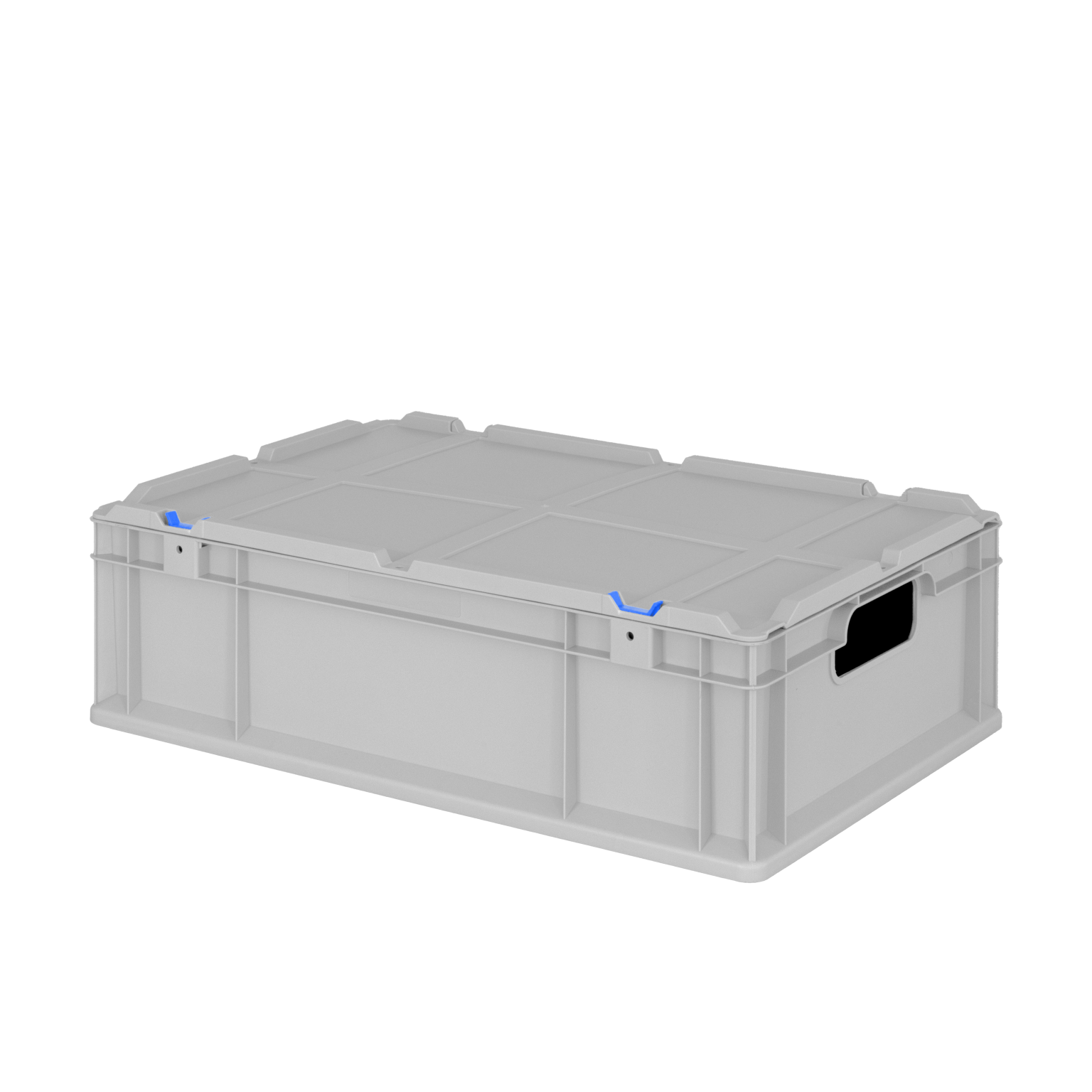 A rectangular, gray plastic container features a solid lid and side handles. It has blue accents on the corners and a flat surface, suitable for storage and handling in a warehouse environment.