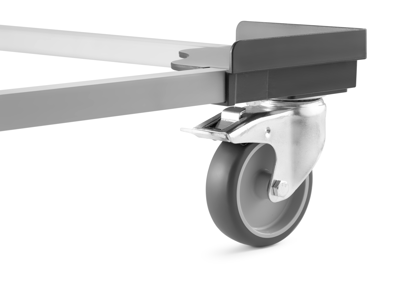 A heavy-duty castor wheel is mounted on a metal frame. The wheel is gray and features a shiny chrome plate, securely attached to the frame, which is positioned on a plain background.
