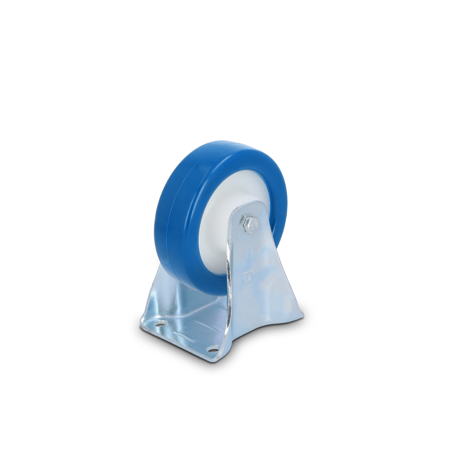 Blau gefärbtes Rad mit einem weißen Kern, befestigt an einer verchromten Metallhalterung. Es steht aufrecht und zeigt eine Montageplatte mit zwei Bohrlöchern. Der Hintergrund ist schwarz.