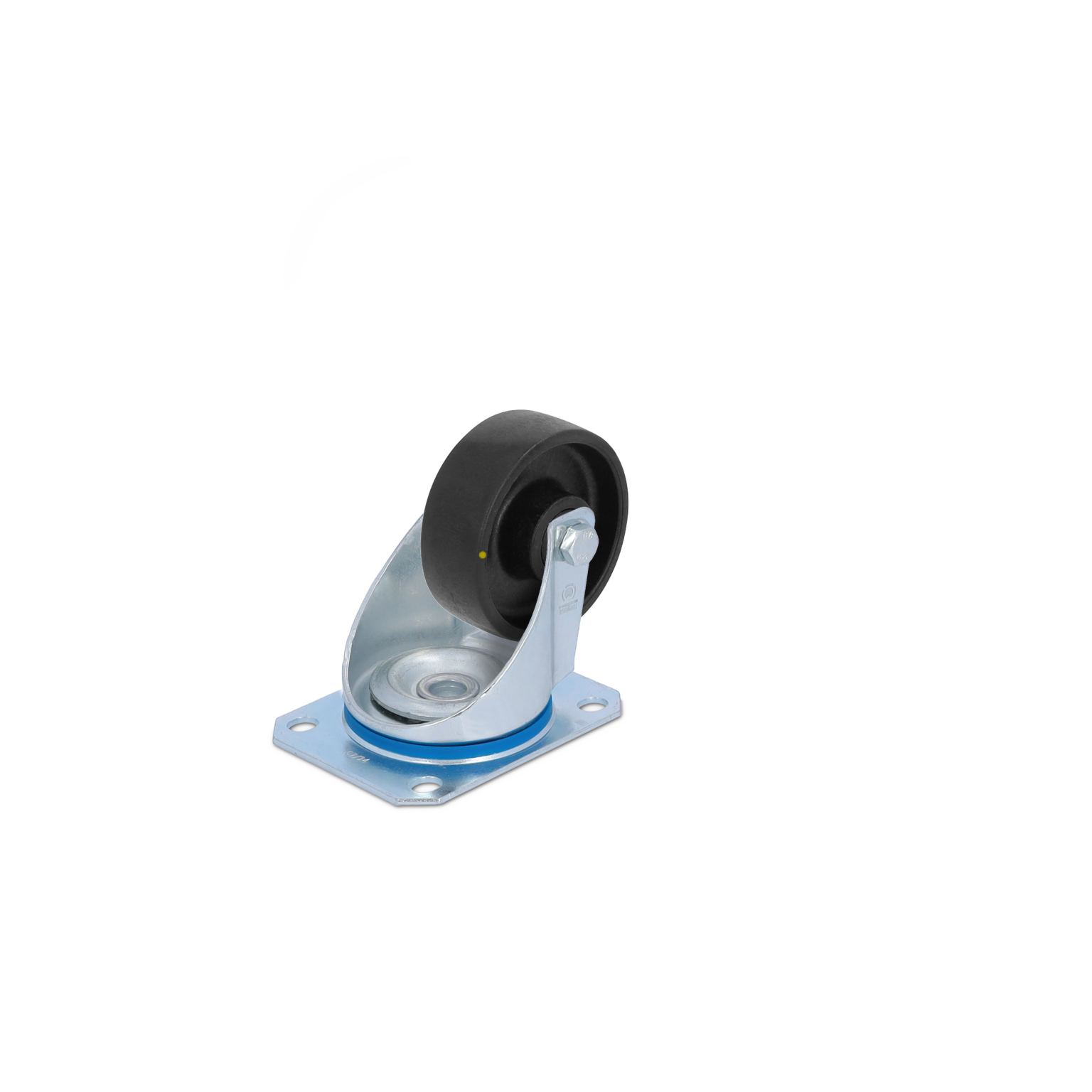 Zwenkwiel met een zwarte rubberen band, gemonteerd op een metalen plaat met blauwe rand. Het wiel is georganiseerd voor gebruik in industriële toepassingen en bevindt zich op een neutrale achtergrond.