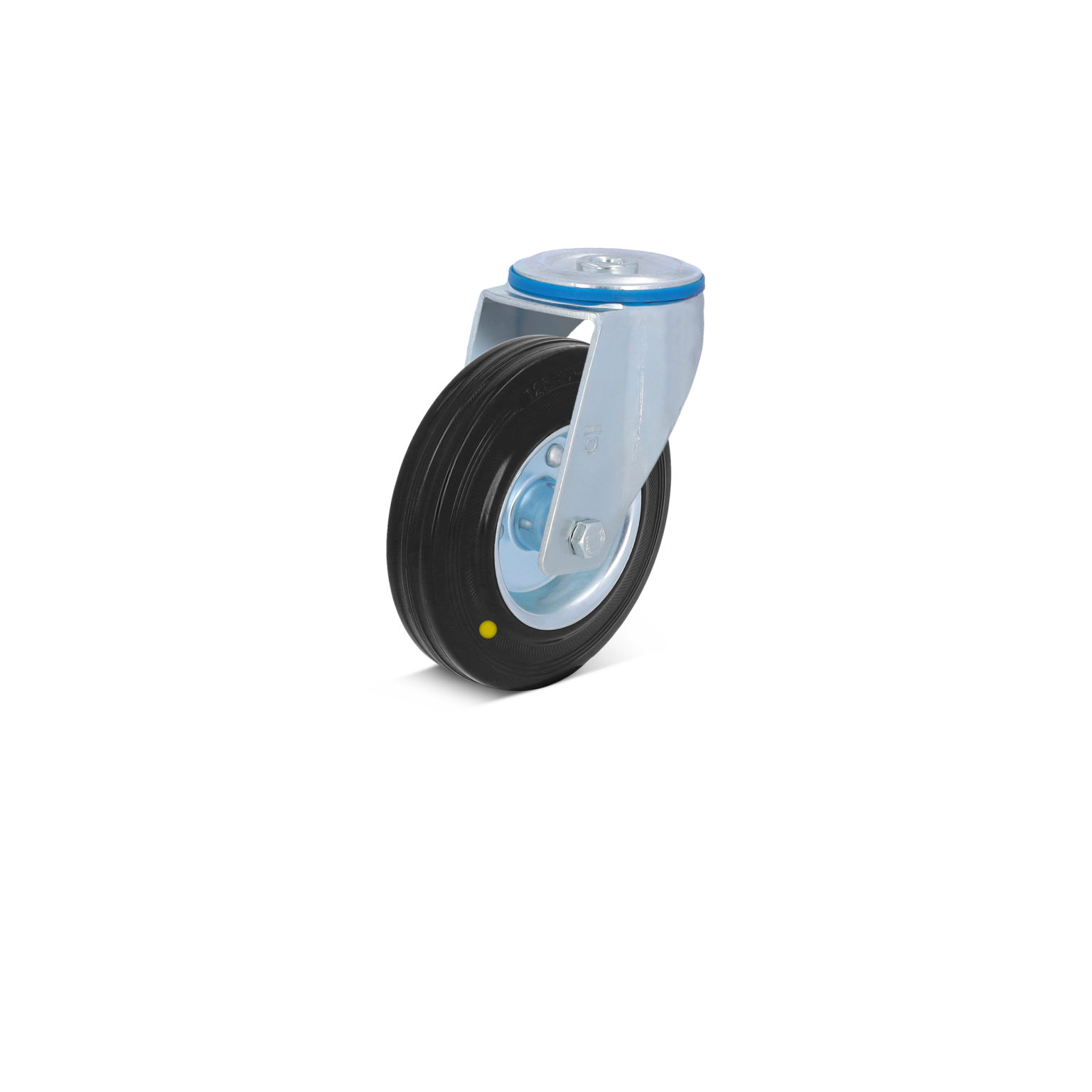 A caster wheel with a black rubber tire is mounted on a silver metal bracket. The wheel features a blue trim at the top and has a prominent mounting plate, positioned vertically against a light background.