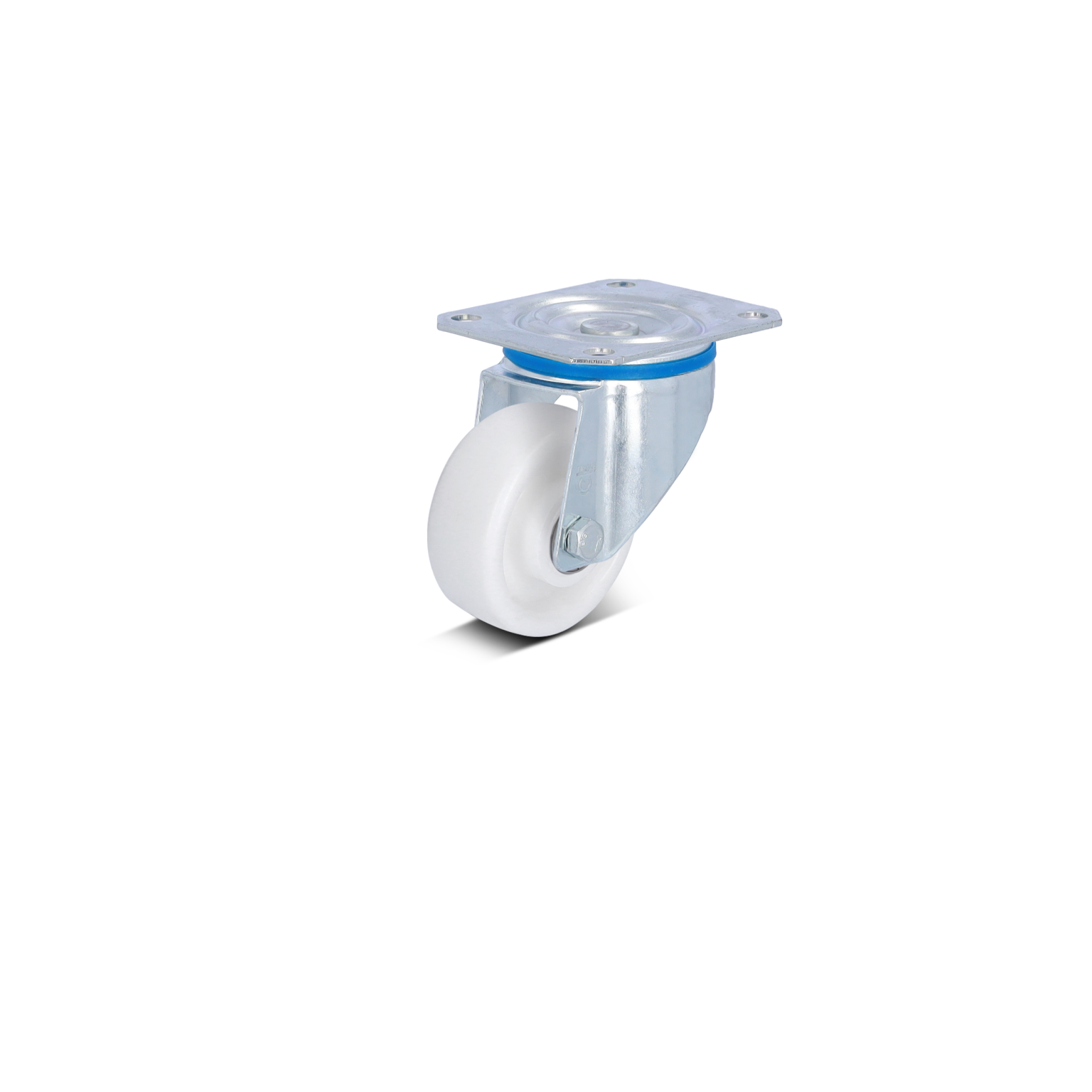 A swivel castor with a metallic mounting plate features a white wheel. The wheel is mounted on a metal bracket, facilitating mobility in industrial settings. The background is plain.