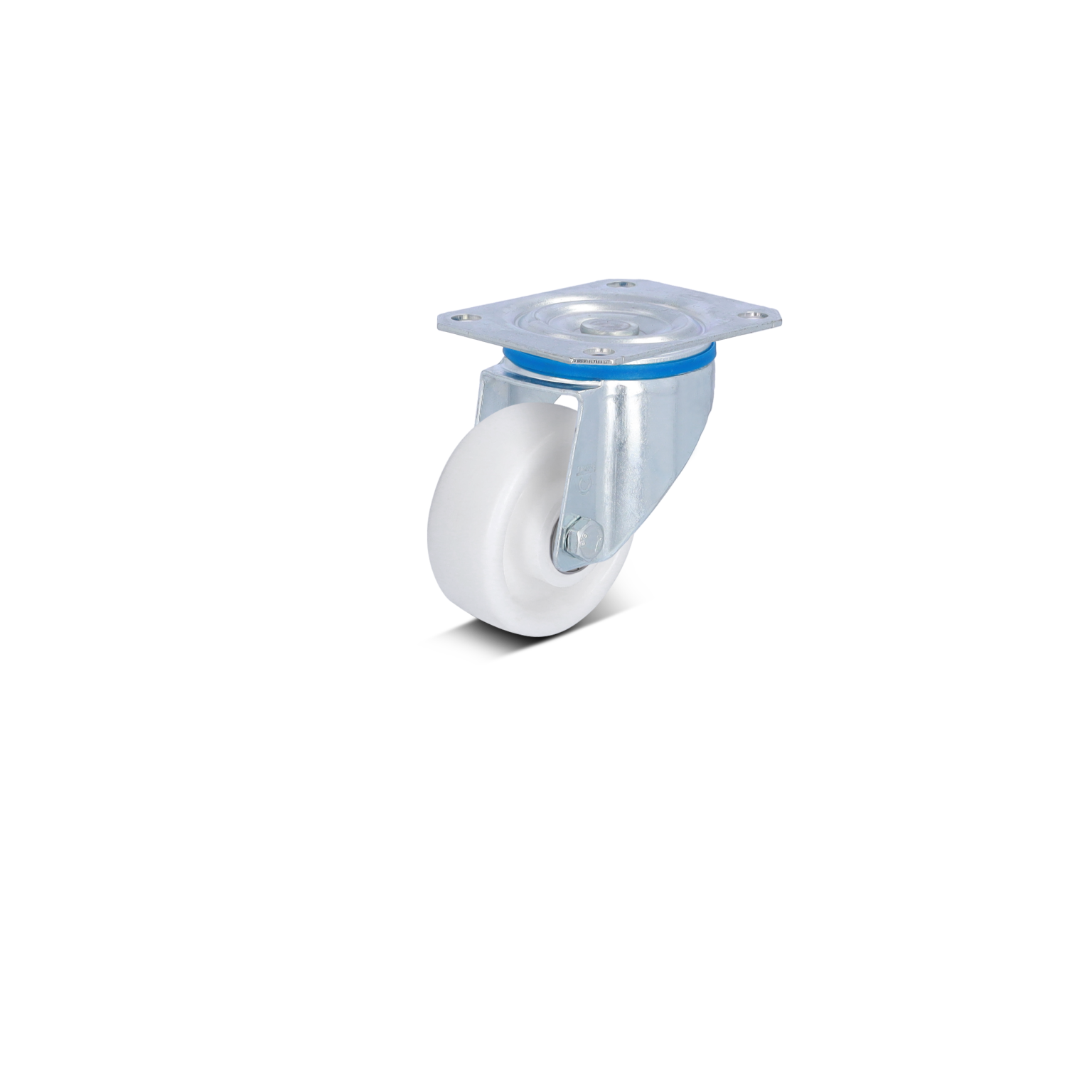 A swivel castor with a metallic mounting plate features a white wheel. The wheel is mounted on a metal bracket, facilitating mobility in industrial settings. The background is plain.