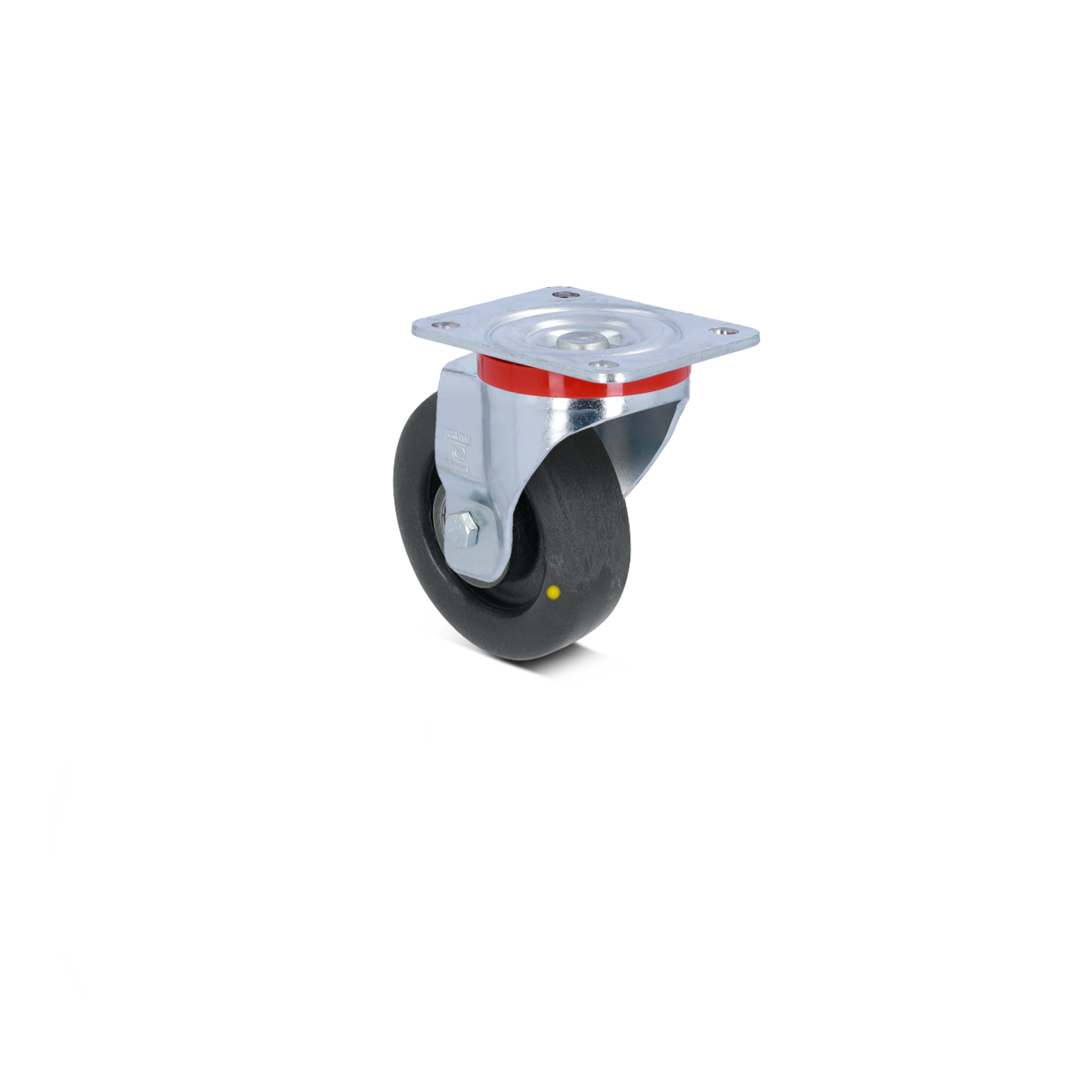 A black rubber wheel with a chrome swivel mounting plate is shown, featuring a red accent at the top and a yellow dot on the wheel. The background is largely blank.