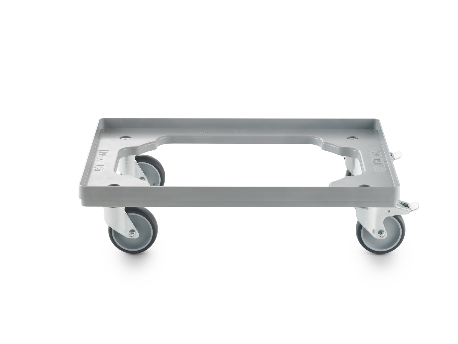 A rectangular transport trolley features a sturdy metal base with a recessed area for securing loads. It rests on four swivel castors for enhanced mobility in warehouse settings.