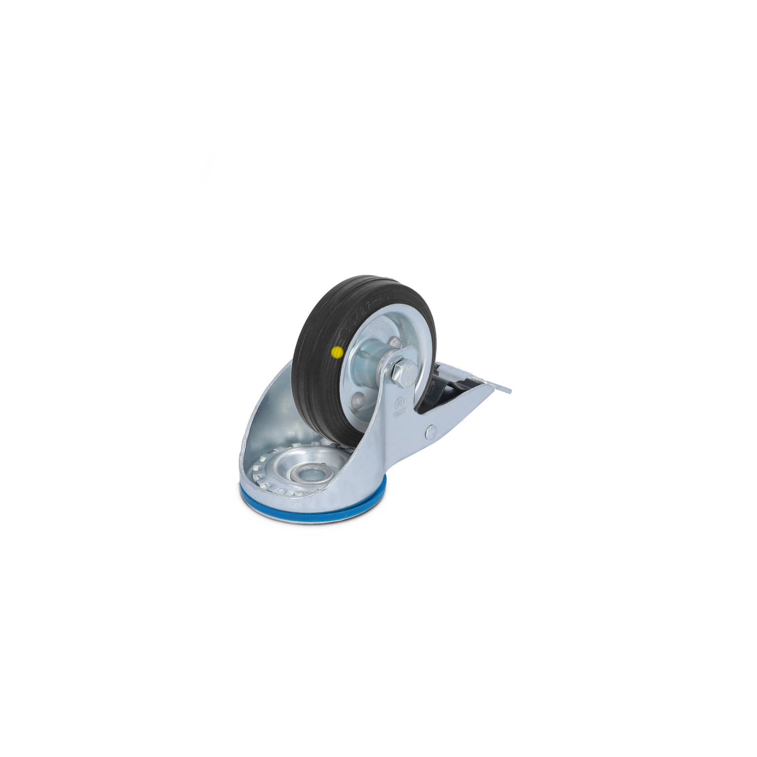 A swivel castor features a rubber wheel mounted on a metallic swivel plate. The wheel is attached to a fork with a shiny surface, suitable for maneuvering equipment in industrial settings.