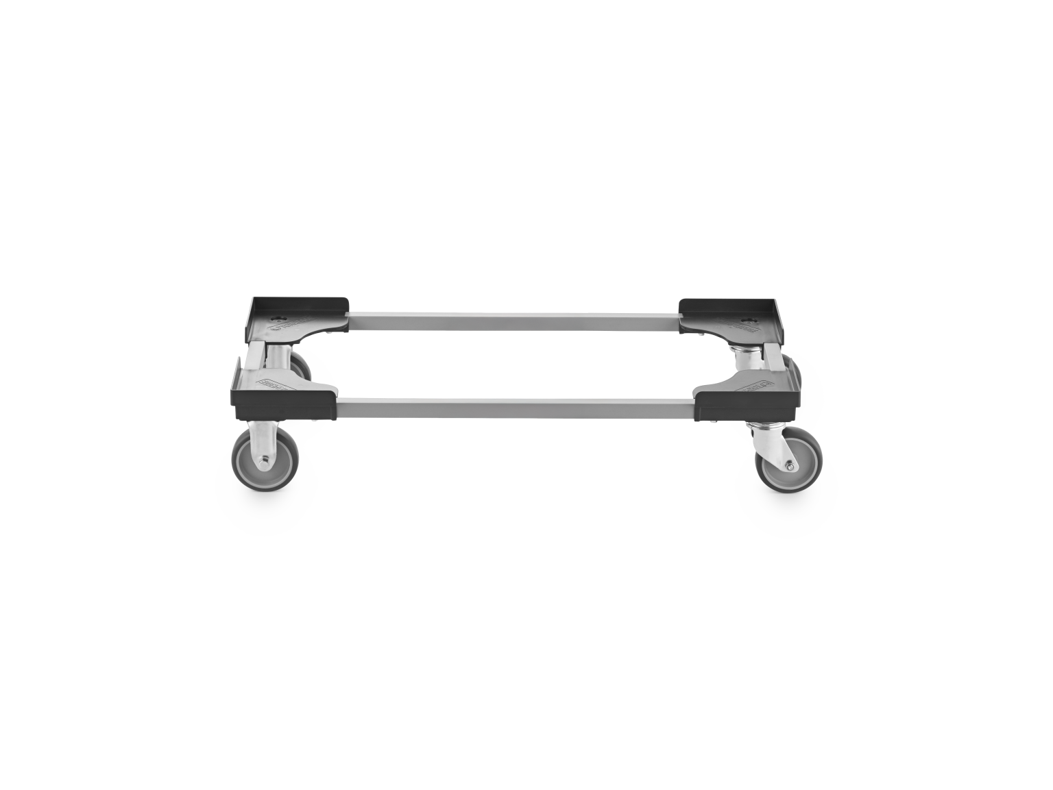 Transport trolley with four swivel castors, featuring a robust metal frame. It is positioned horizontally against a plain background, emphasizing its industrial design and functionality in material handling.