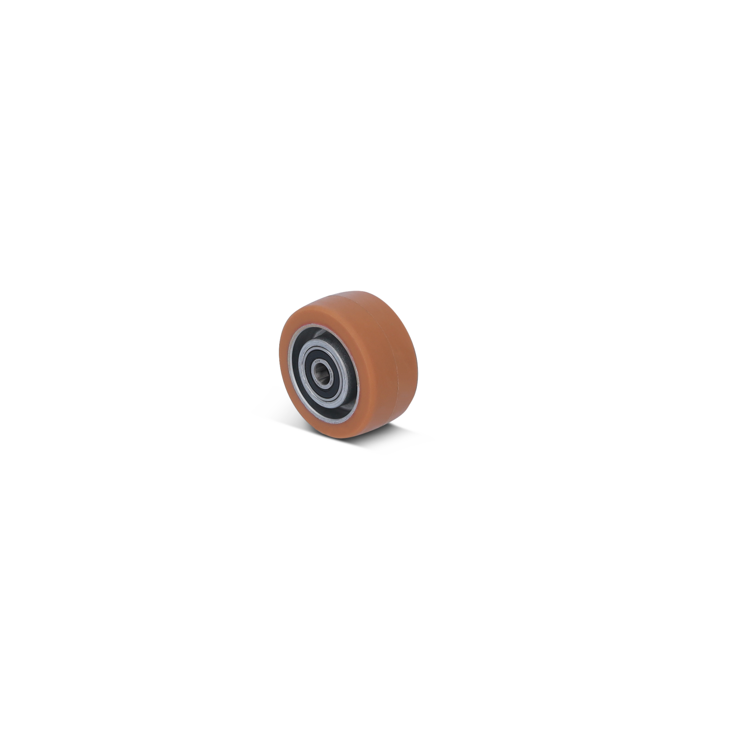 Een oranje rubberen wiel met een metalen lager in het midden, gefocust op een witte achtergrond. Het wiel is gekanteld en toont zijn zijkant, benadrukt de stevige constructie.