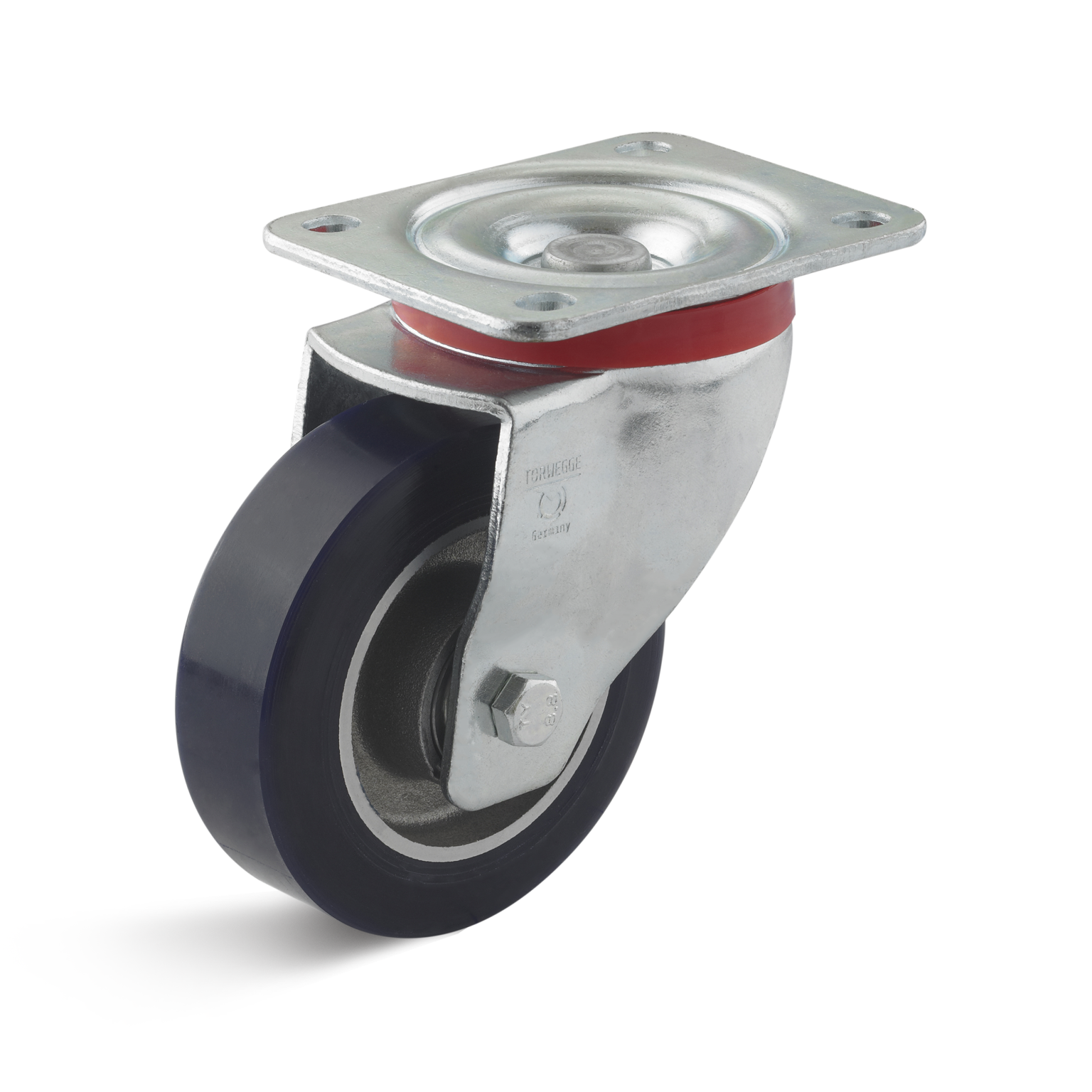 A swivel castor wheel features a robust silver metal mounting plate with a red accent and a black rubber wheel, designed for mobility in industrial settings. The surrounding area is plain white.