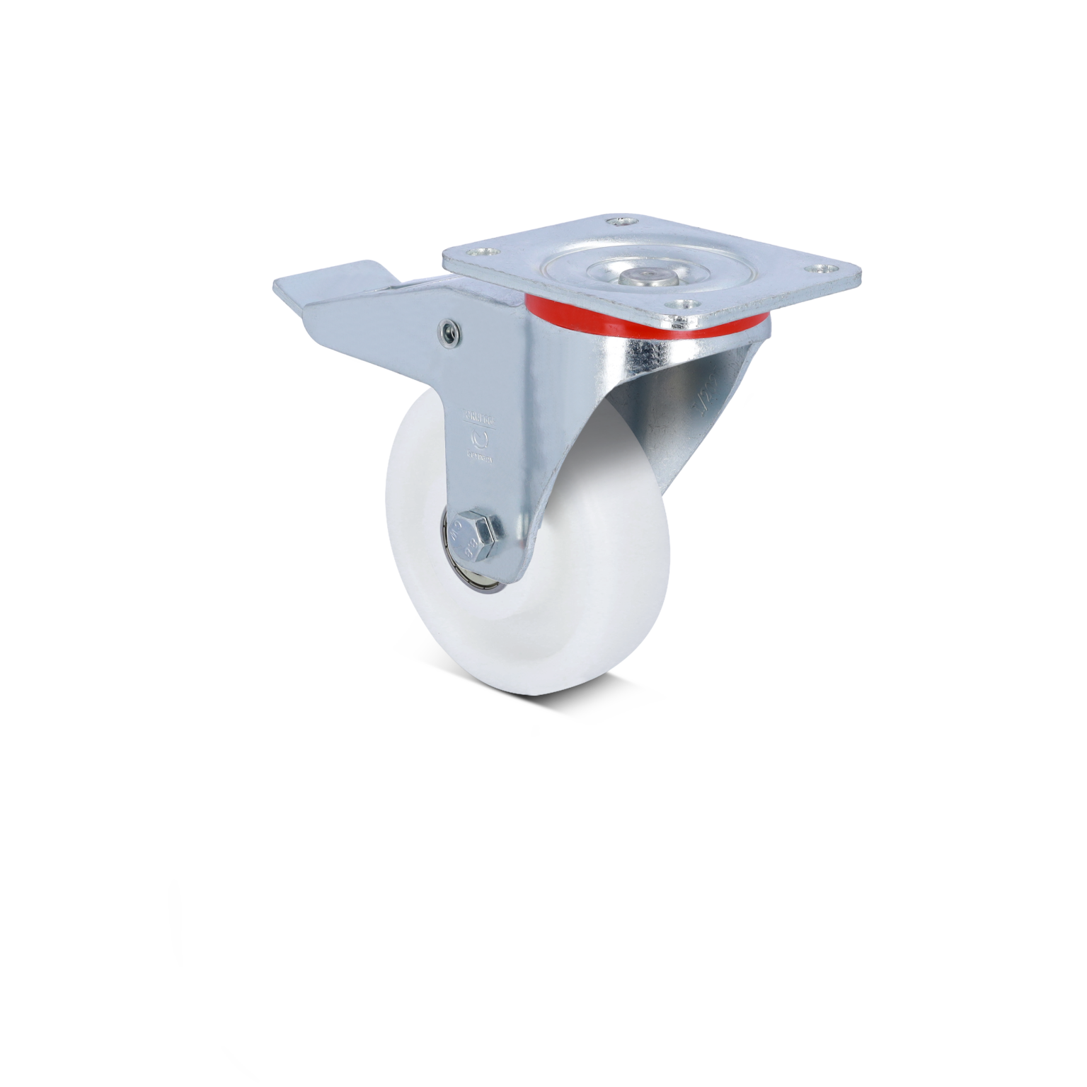 A metal castor wheel with a glossy white rubber tire is mounted on a shiny metal plate. The wheel features a red accent ring and is positioned against a blank background, emphasizing its design and functionality.