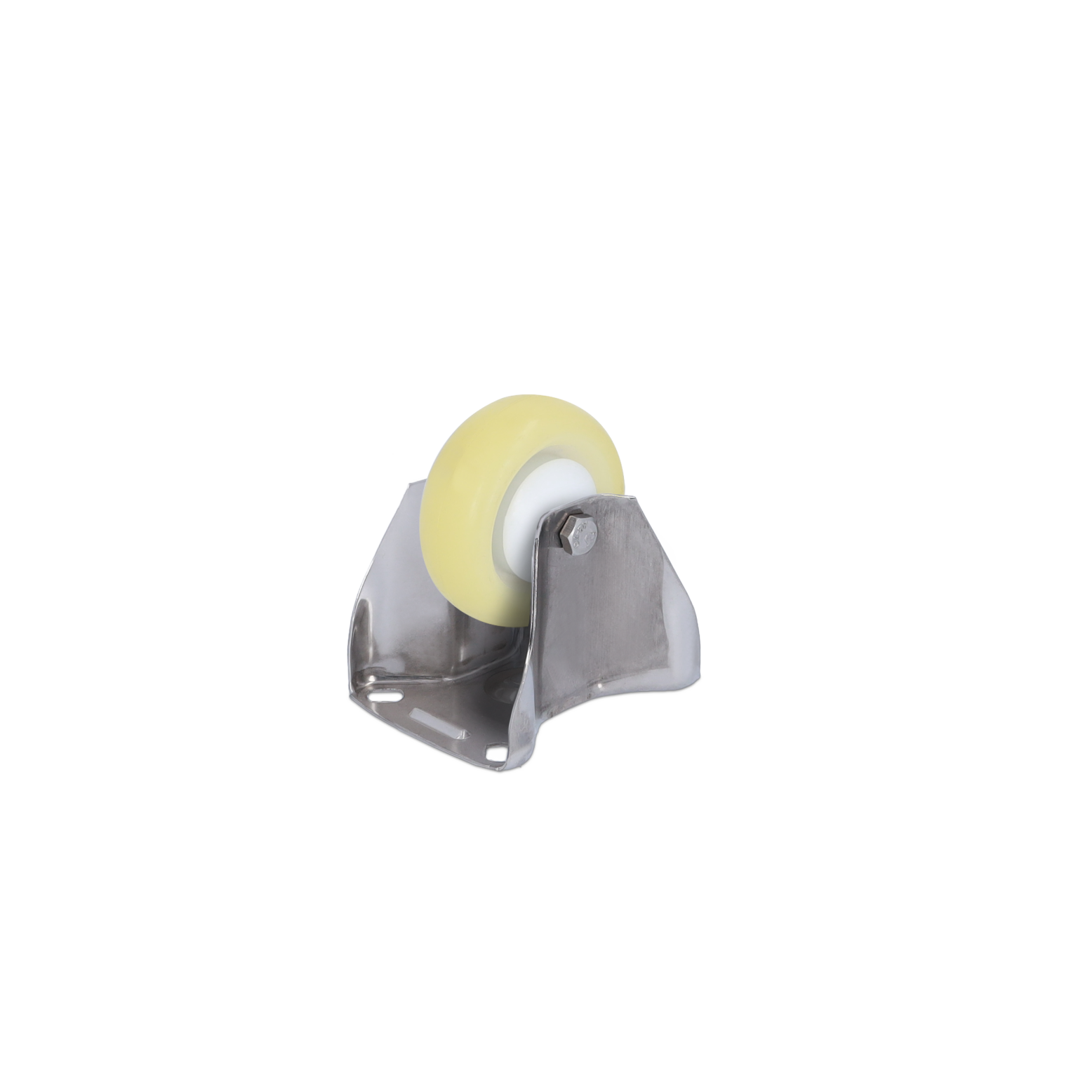 Ein industrieller Rad mit einem gelben Kunststoffreifen und einer stabilen silbernen Metallhalterung. Das Rad zeigt eine seitliche Ansicht und ist für Materialhandhabung konzipiert.