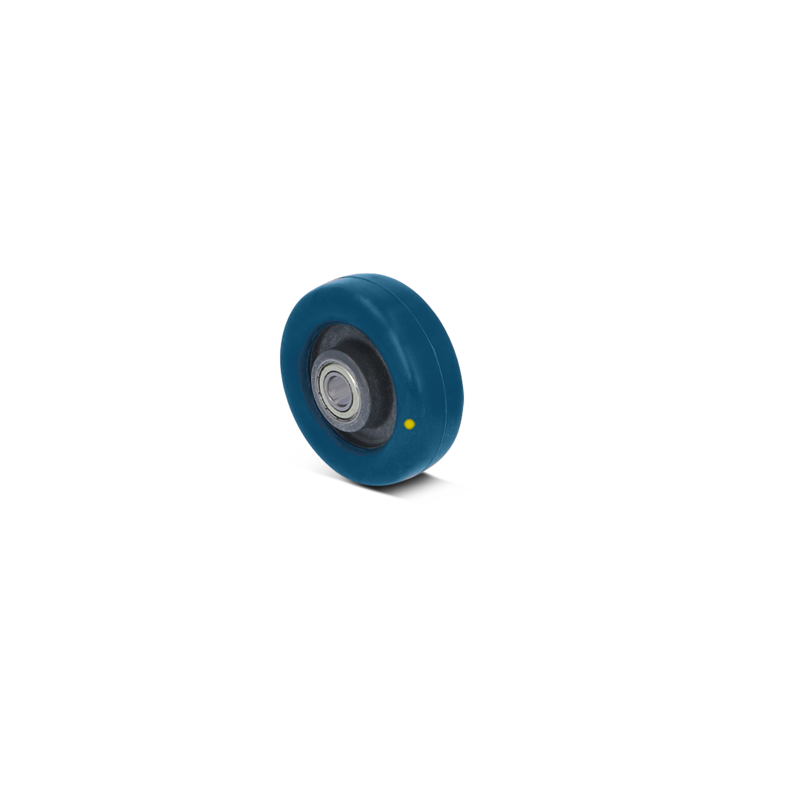 Een blauwe industriële wieltje met een rubberen buitenkant en een zichtbaar lager in het midden. Het is gepositioneerd tegen een neutrale achtergrond en heeft een gele stip aan de zijkant.