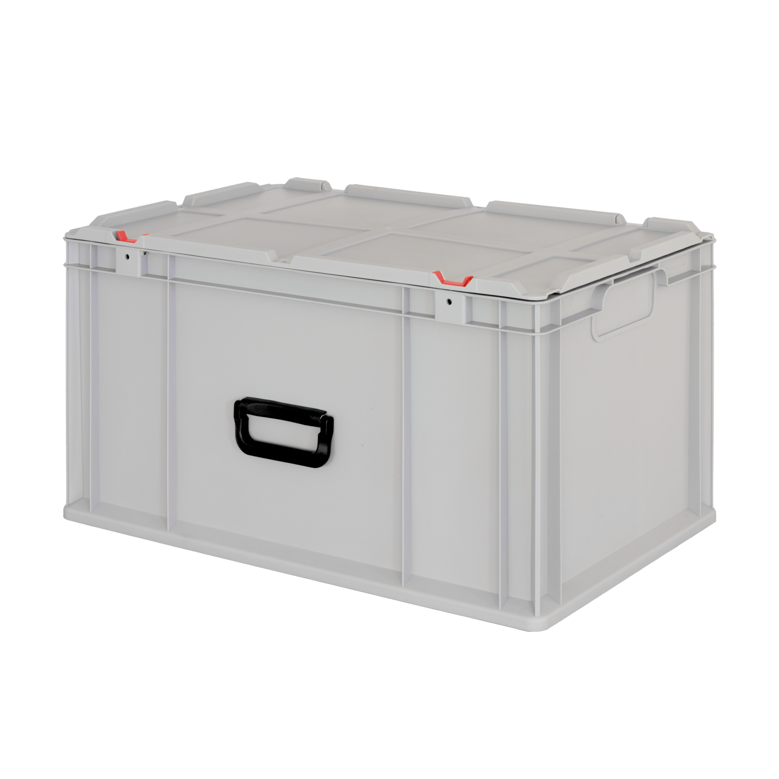 A white plastic storage box with a top lid and a black handle. The box features secure latch points marked in red and is designed for organizing and transporting materials in various settings.