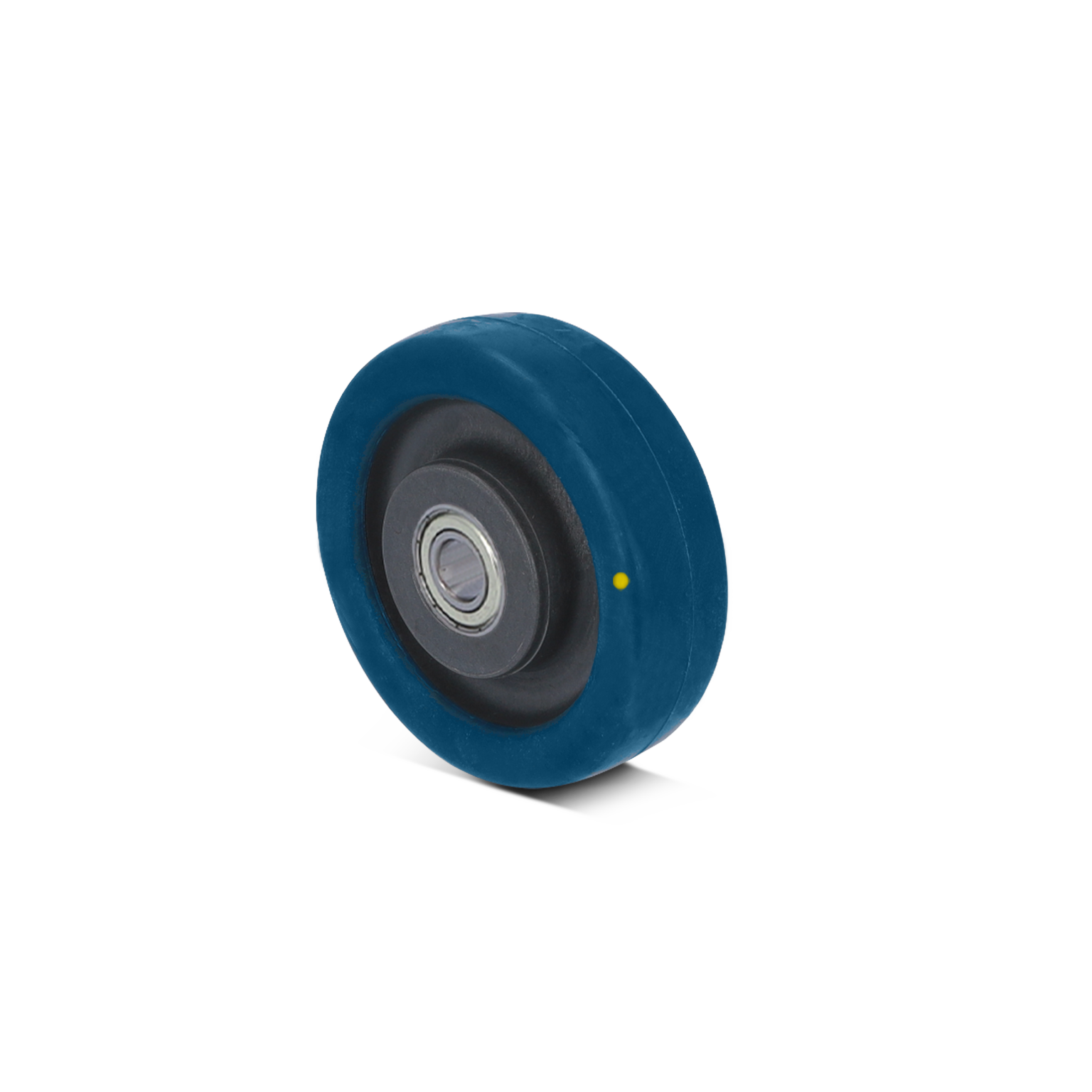 Blauwe wielen met een rubberen buitenrand en een metalen binnenlager. Ze zijn ontworpen om soepel te rollen en worden vaak gebruikt in transport- of intralogistiektoepassingen.